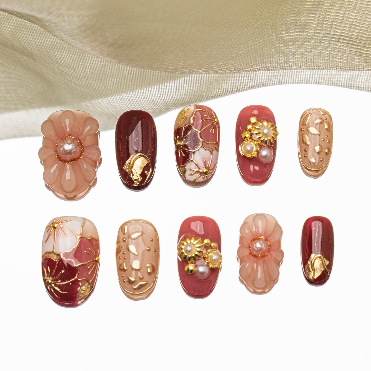 Sun&Beam Nails Handmade Press-on Short Oval Red Pink Gold 3D Flower Japanese Design Fashion False Nail Tips 10 Pcs Set (#210 S)
