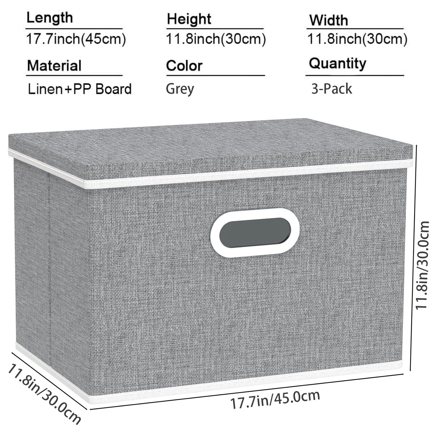 Yawinhe Large Storage Box with Lid 3 Pack, Collapsible Cubes Baskets, for Cupboards, Wardrobe, Shelves, 44x30x30cm, Grey, SNK023GX-3