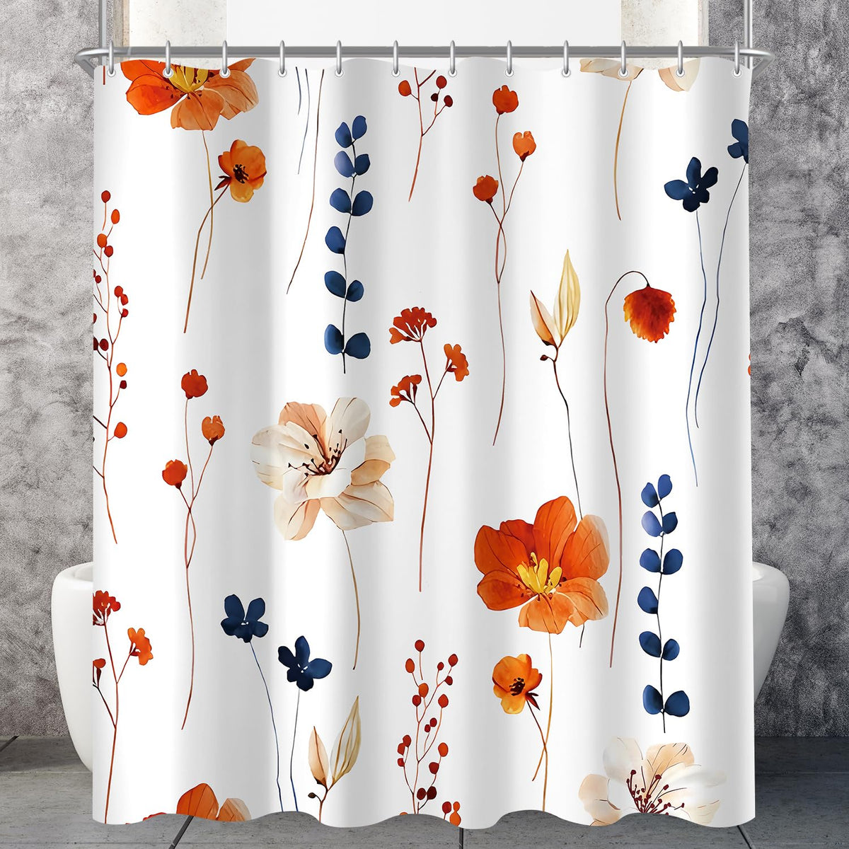 Lerores Shower Curtain, 150 x 200 cm, Orange & Navy Flower, Weighted Hem, Anti-Mould, Water-Repellent, Washable Polyester Bath Curtains with 8 Eyelets