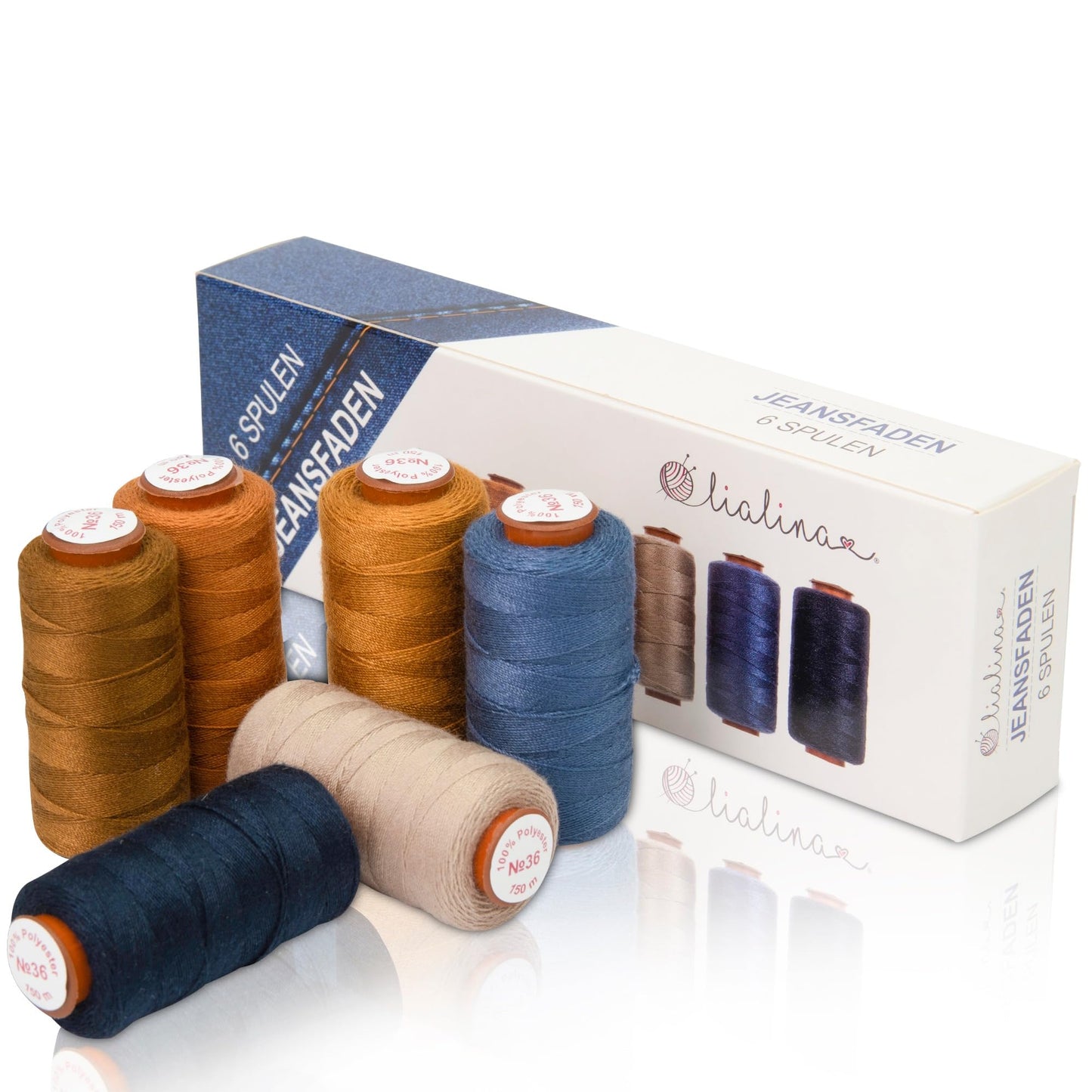 Lialina 100% Polyester Denim Jeans Threads for Sewing Machine - Extra Strong No. 36 Sewing Thread Set for Seams as in The Original - 6 Coloured