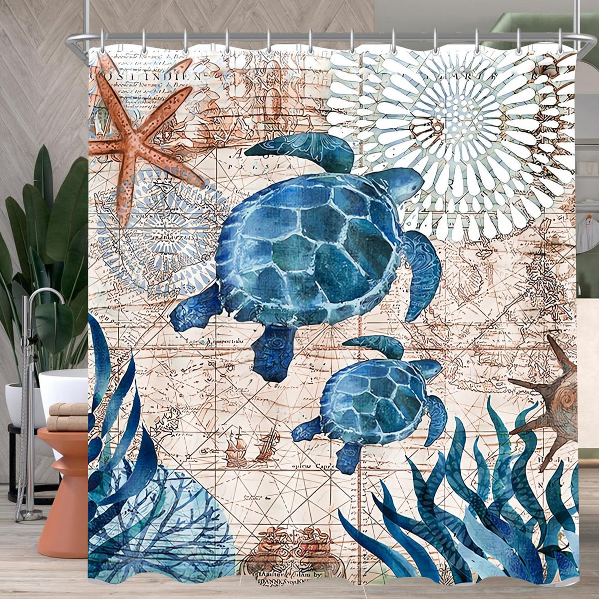Lerores Sea Turtle Shower Curtain 78x78 inch, Mould and Mildew Resistant,Waterproof,Washable Polyester Fabric Bath Curtains with Weight Tape,12 pcs