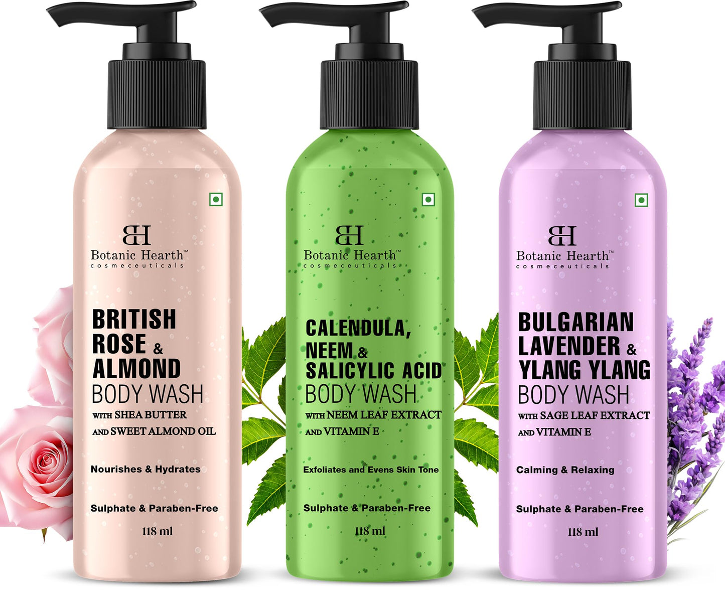 Botanic Hearth Relax and Renew shower set | Pack of 3 of Body Wash (British Rose,Lavender, Calendula Neem) 2 fl oz each