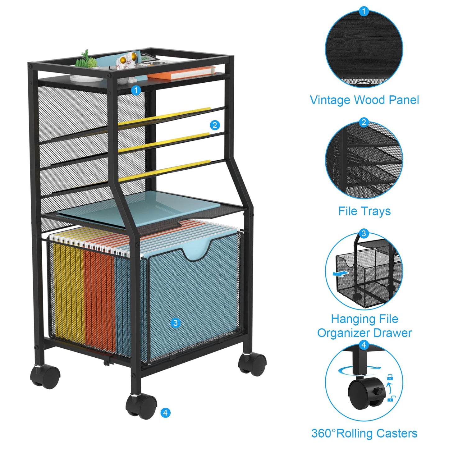 BOHDK Rolling File Cart, 6-Tier Under Desk Organiser on Lockable Wheels, Black Wood Planks & Mesh File Cart with Sliding Drawer and Paper Trays for