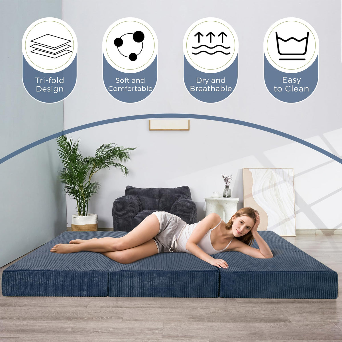 MAXYOYO Folding Corduroy Mattress, Tri Fold Floor Mattress 15cm thick with Washable Cover,Foldable in Three,Space-Saving for Guest (Bluestone, Double)