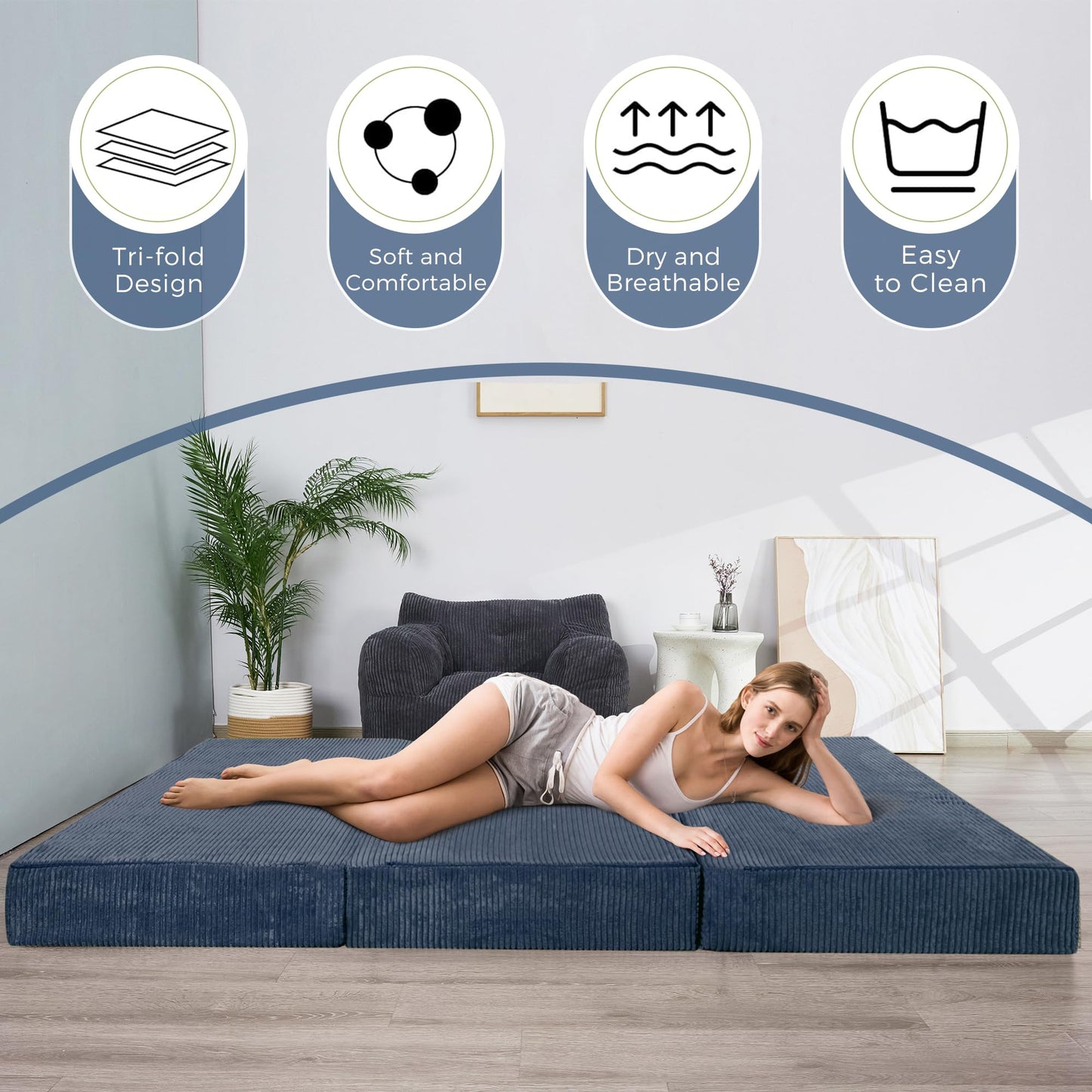 MAXYOYO Folding Corduroy Mattress, Tri Fold Floor Mattress 10cm thick with Washable Cover,Foldable in Three,Space-Saving for Guest (Bluestone, Double)
