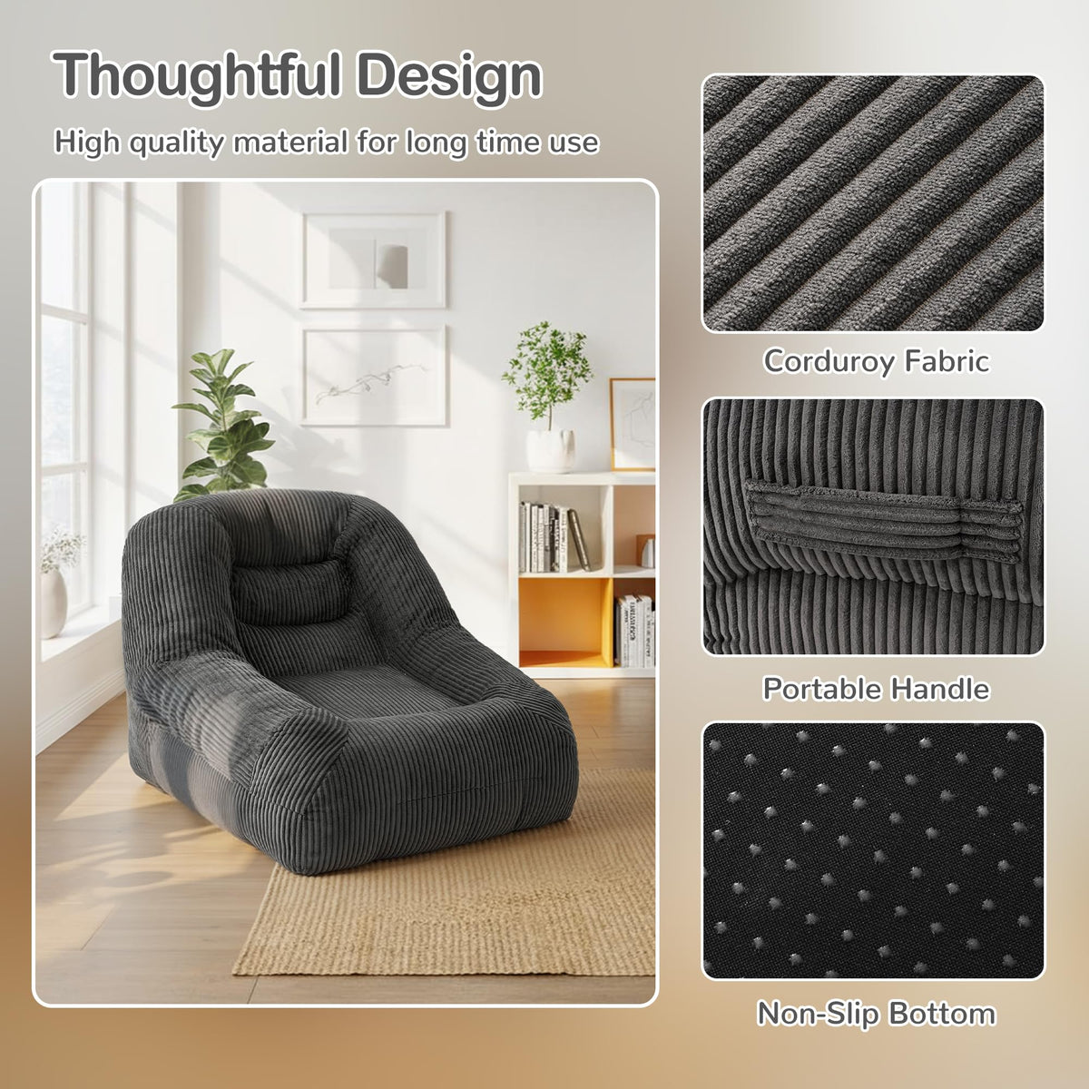 Pamapic Bean Bag, Single Bean Bag Chair with Filling Included, Beanbag Adult with Portable Handle, Comfy Sofa with Tilt Back Function