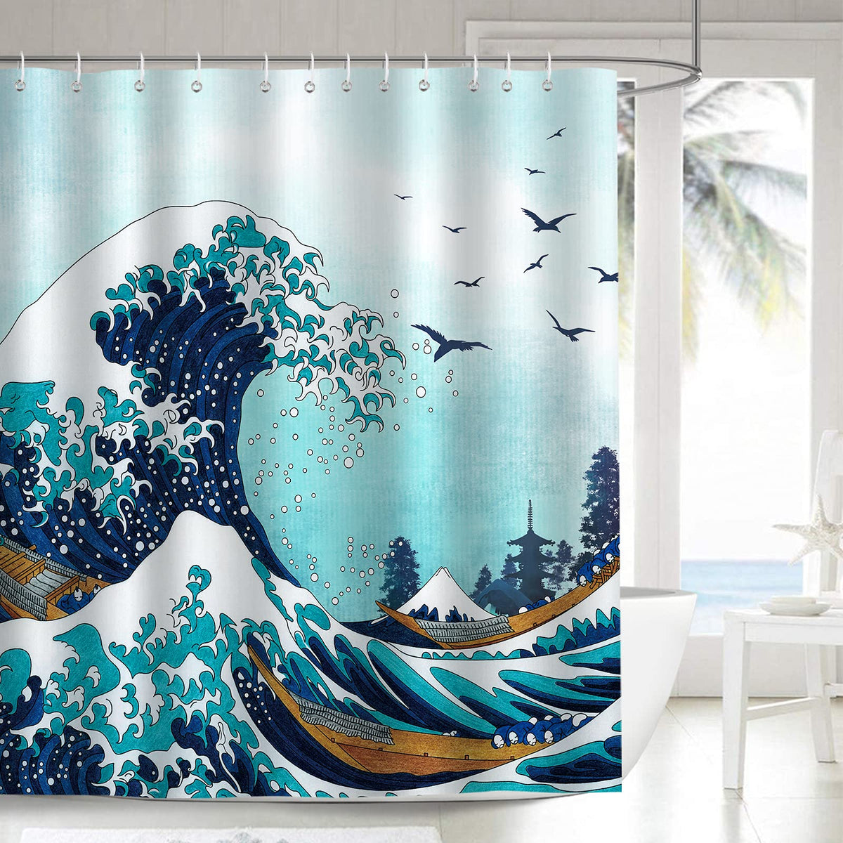 Bonhause Japanese Shower Curtain 180 x 180 cm Kanagawa Ocean Waves Blue Bathroom Curtain Waterproof Mildew & Mould Resistant Polyester Fabric Bath
