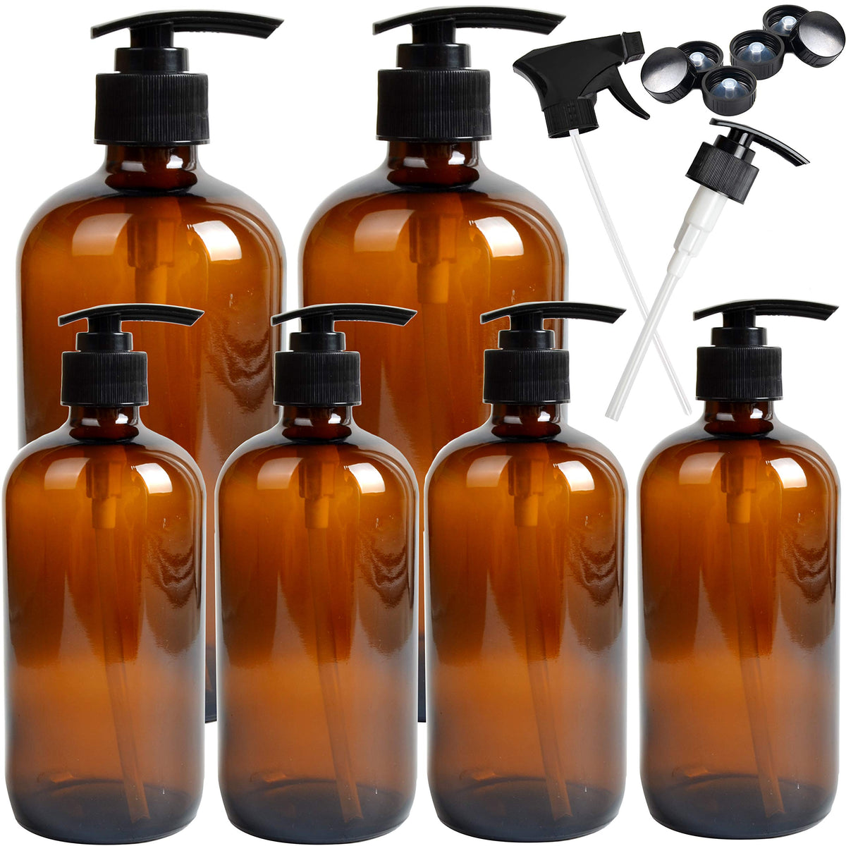 Youngever 6 Pack Empty Amber Glass Pump Bottles, 2 Pack 500ML and 4 Pack 250ML Pump Bottles Refillable Containers for Essential Oils, Cleaning