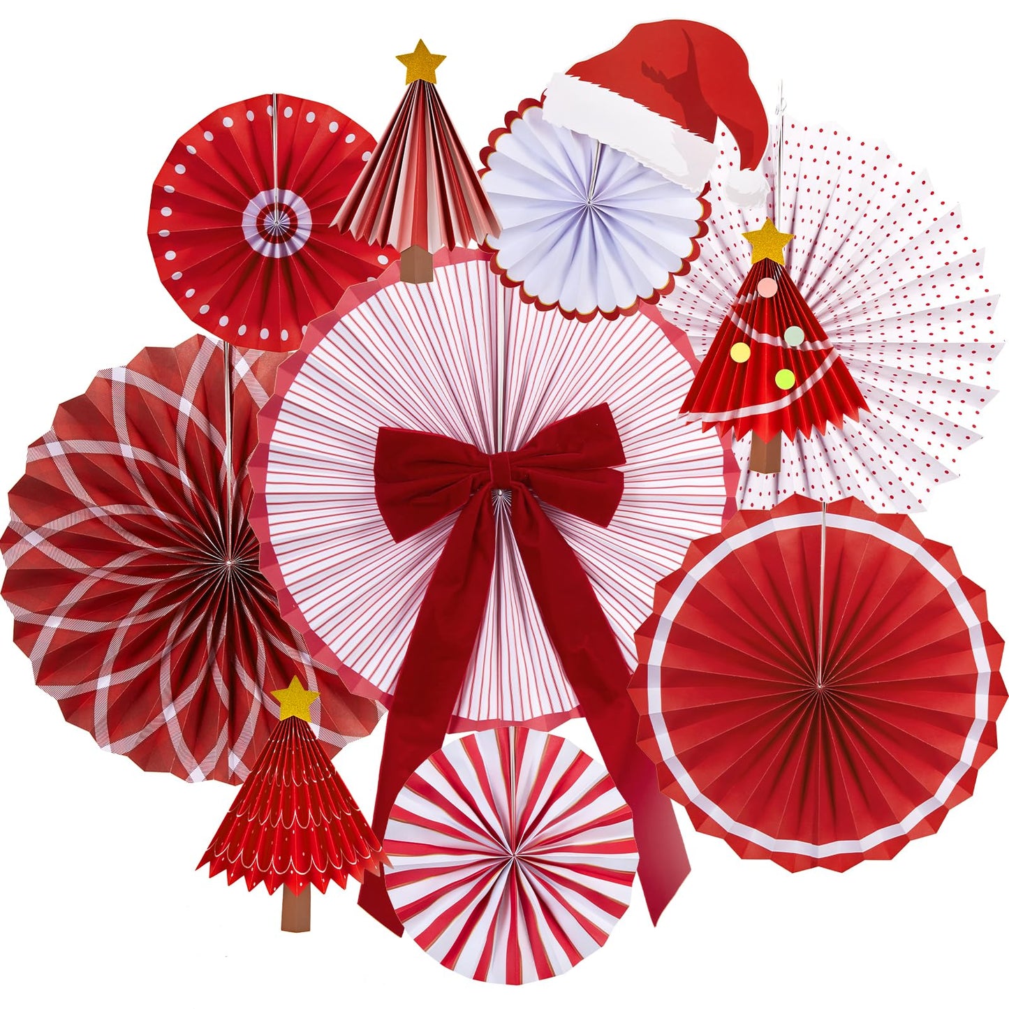Reusable Christmas Decorations Ceiling Christmas Paper Decorations Red Hanging Paper Fans Bow Christmas Tree with Star Tree Topper for Xmas Holiday