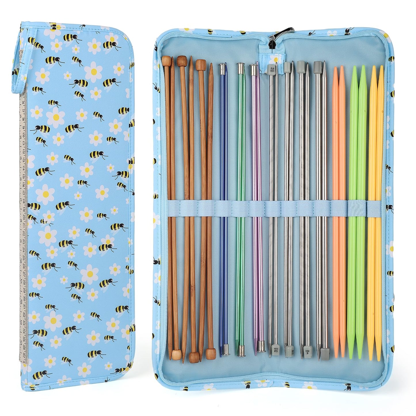 Aeelike Knitting Needle Case 40cm, Long Knitting Needles Holder, Blue Bee