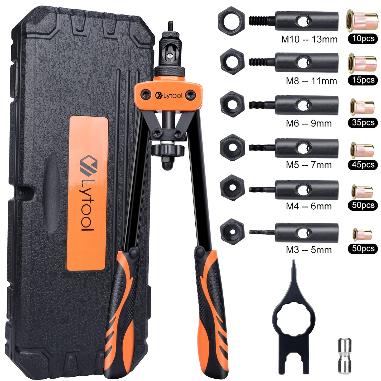 Lytool Rivnut Tool Kit, 14" Rivet Nut Tool with 205pcs Nuts Heavy Duty Rivet Gun M3 M4 M5 M6 M8 M10 6 Mandrels Rivet Nut Gun Rivet Tool Professional