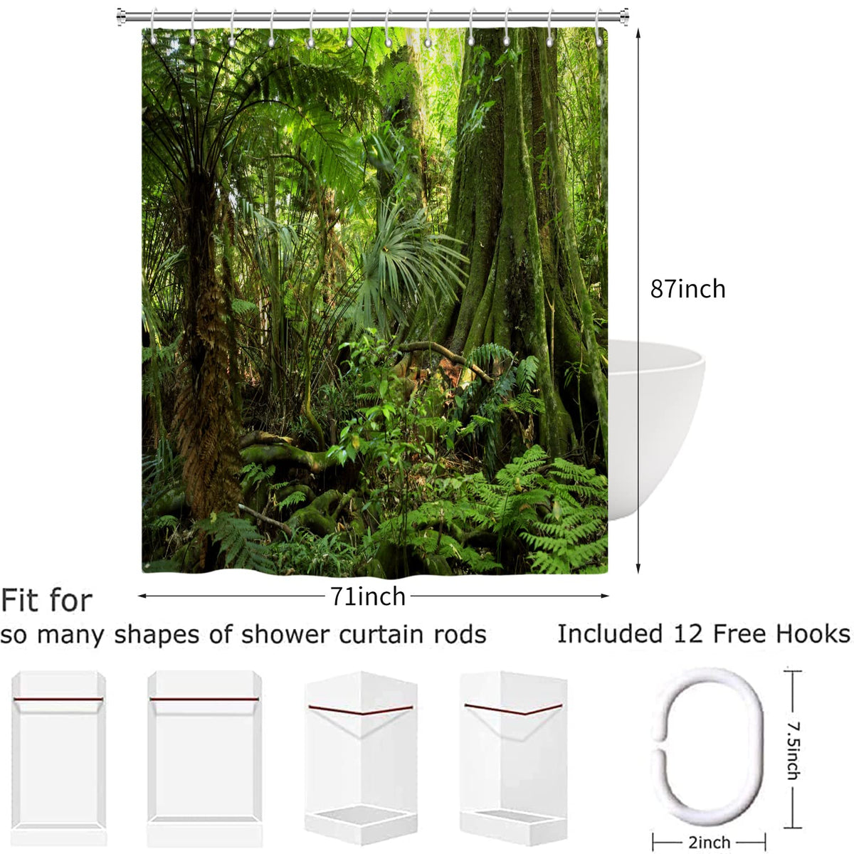 Forest Shower Curtain 180x220, Hnmdmyi Tropical Jungle Rainforest Green Tree Plant Nature Landscape Scenery Bathroom Curtains with Hooks Waterproof