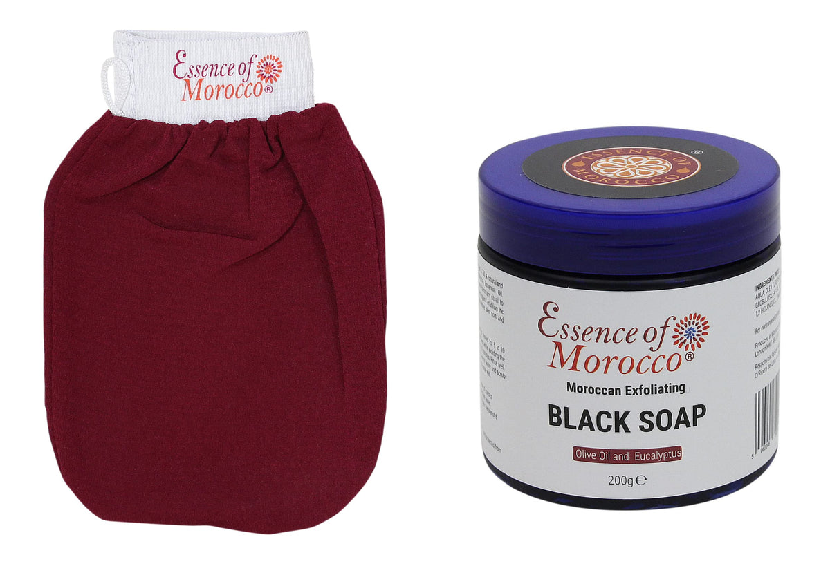 Moroccan Exfoliating Kessa Glove Scrubbing Mitt with Natural Eucalyptus and Olive Oil Black Soap Scrub Savon Noir 200g / 7 OZ Helps Cleanse Skin