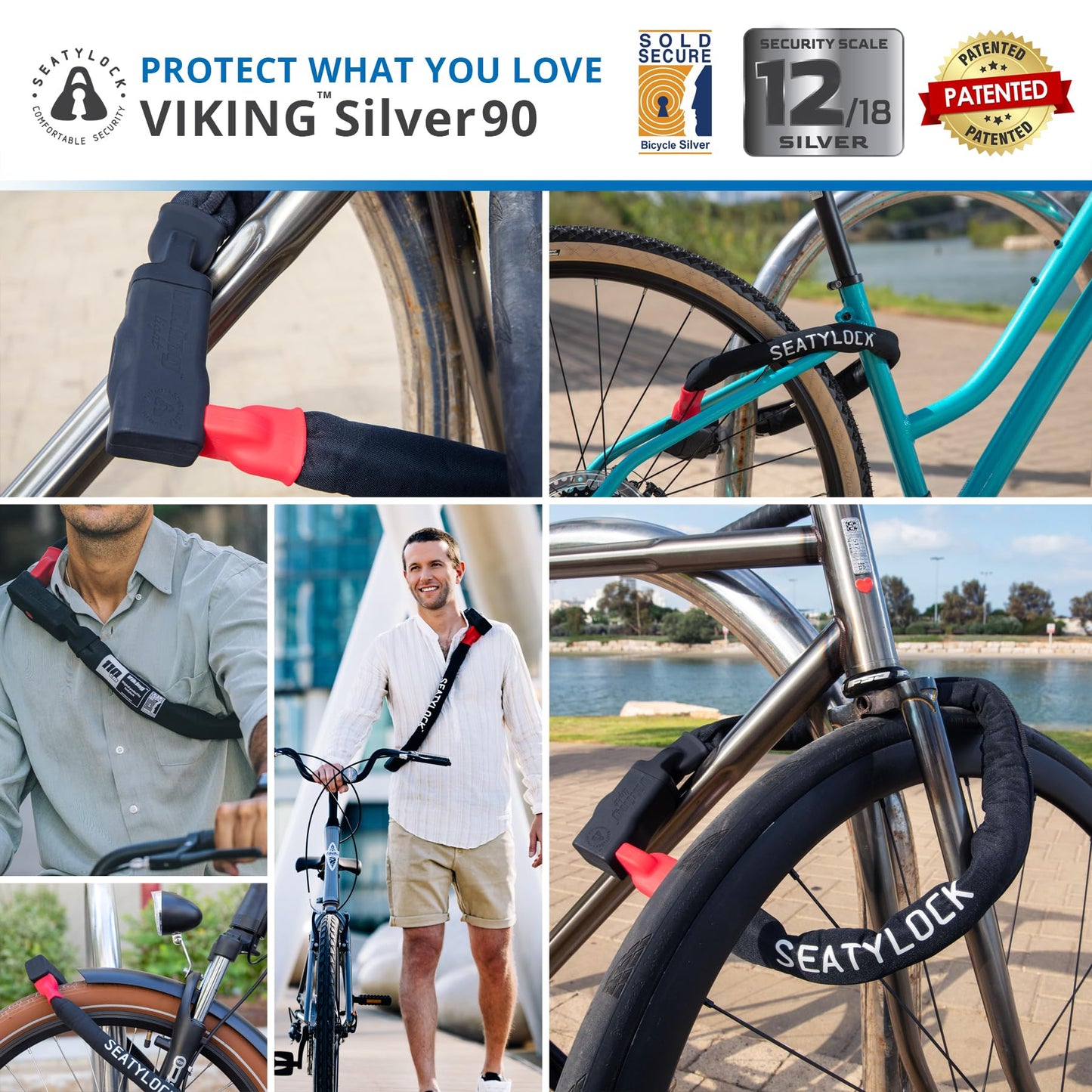 Seatylock Viking Bike Chain Lock with Key - Magnetic Patented Sold Secure Silver Rated - Heavy Duty Anti Theft - Smart Ultra Security Bicycle Lock (90