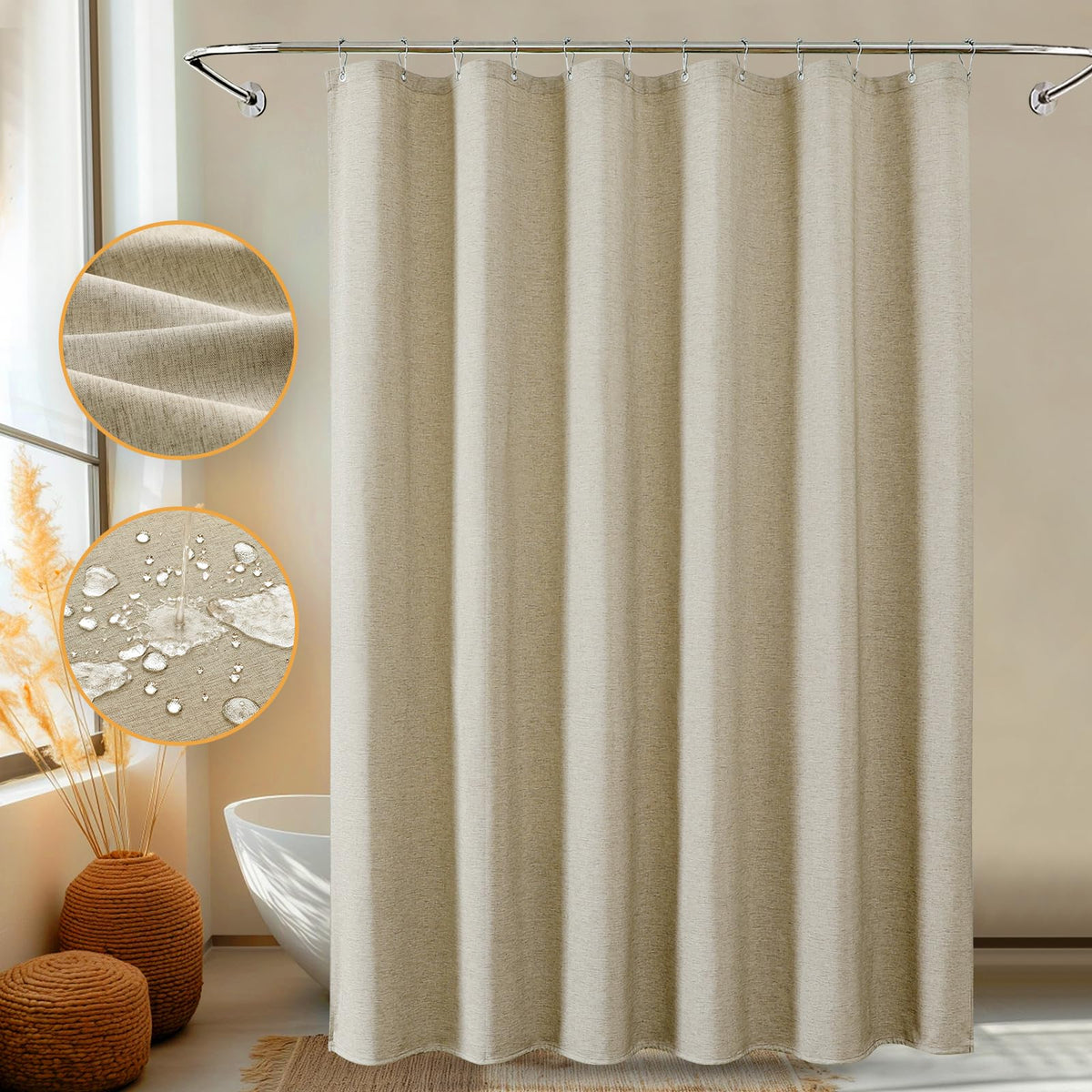 FY&XZH Linen-Texture Heavy-Duty Fabric Shower Curtain, Extra Soft Double-layer waterproof Shower Curtains With Smart Function Stainless Steel Hooks,
