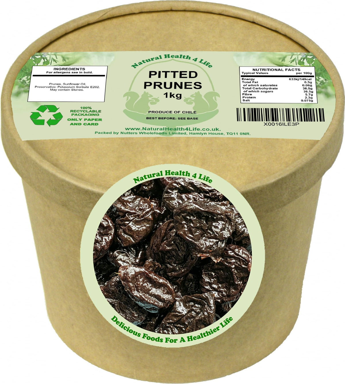 Natural Health 4 Life Dried Pitted Prunes 1kg in Kraft Tub, High in Fibre, Fat Free, Low Salt, Dried Fruits for Baking, Breakfast, Snacking and