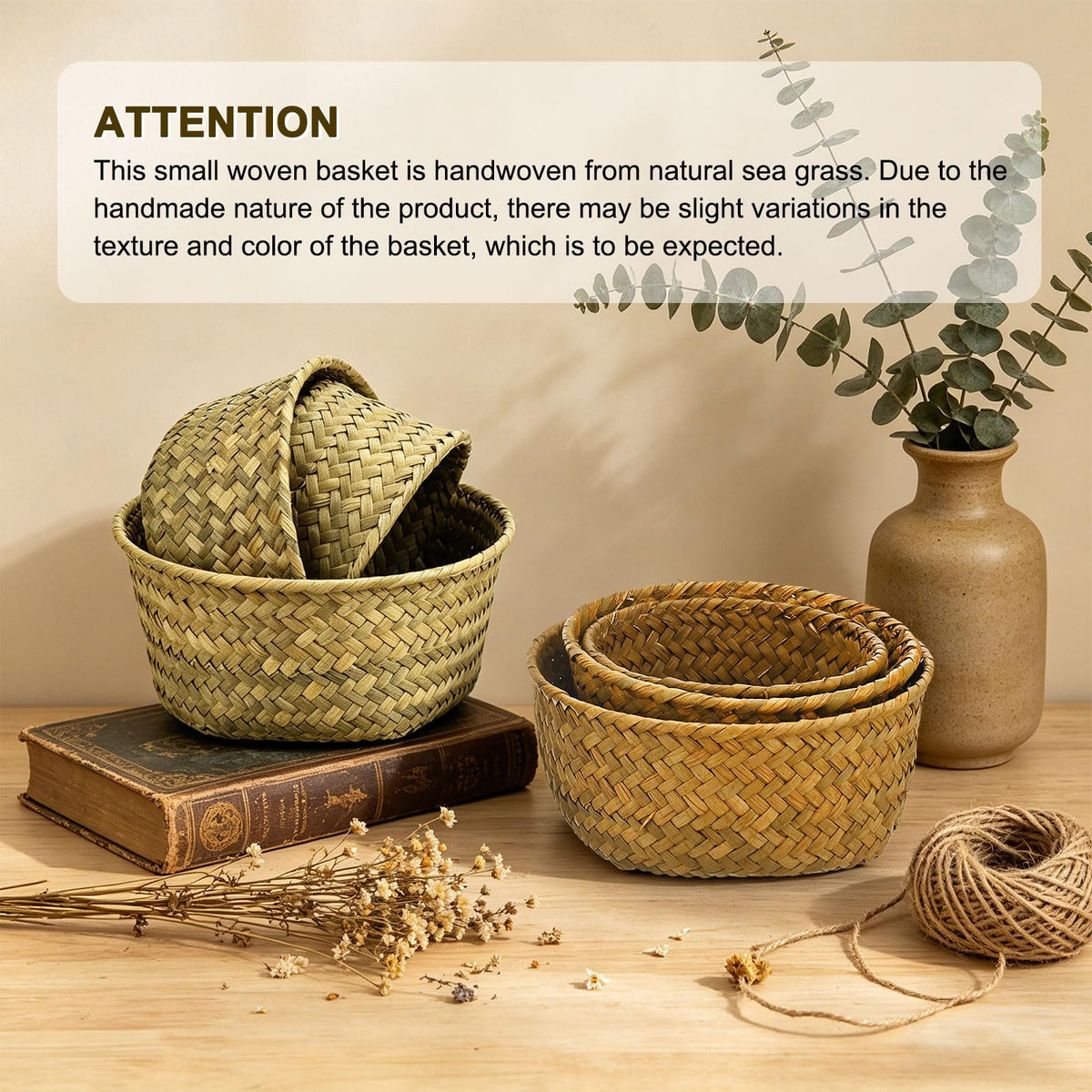 M METERXITY 3-Pack Natural Seagrass Woven Storage Basket, Small Round Storage Seaweed Woven Sundries Baskets for Fruit/Kitchen/Desktop/Household