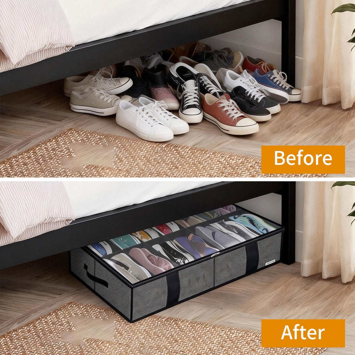 Yeqqzq Under Bed Shoe Storage Organizer with Dividers, Fits 28 Pairs Total, Shoe Holder with Leather Handles, Clear Cover, Foldable Storage Bag
