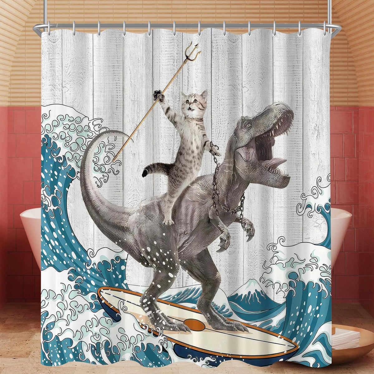 Lerores Shower Curtain, 180 x 200 cm, Cats and Dinosaurs, Weighted Hem, Anti-Mould, Water-Repellent, Washable Polyester Bath Curtains with 12 Eyelets