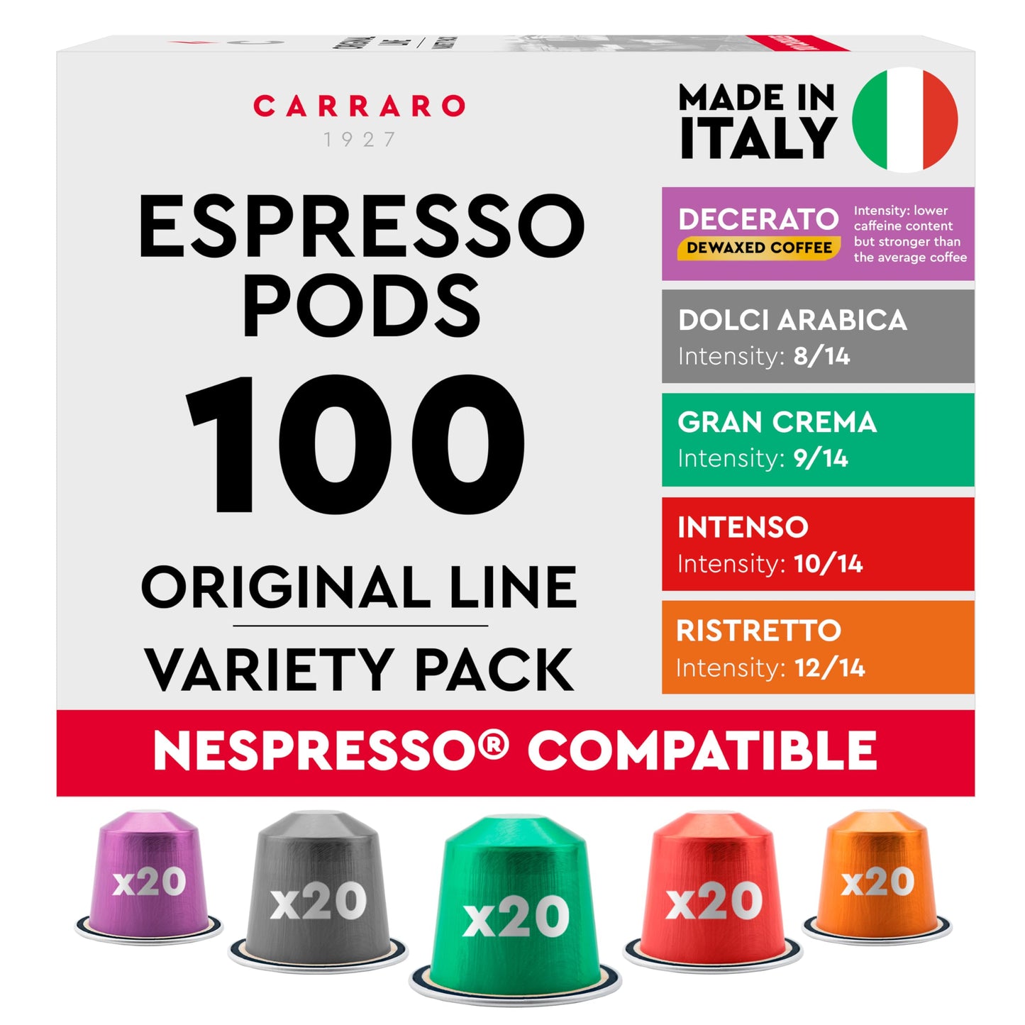 CARRARO 1927 Variety Pack Coffee Capsules - 100 Aluminium Coffee Pods Compatible with Nespresso Original line Machines, Medium and Dark Roast, Made in