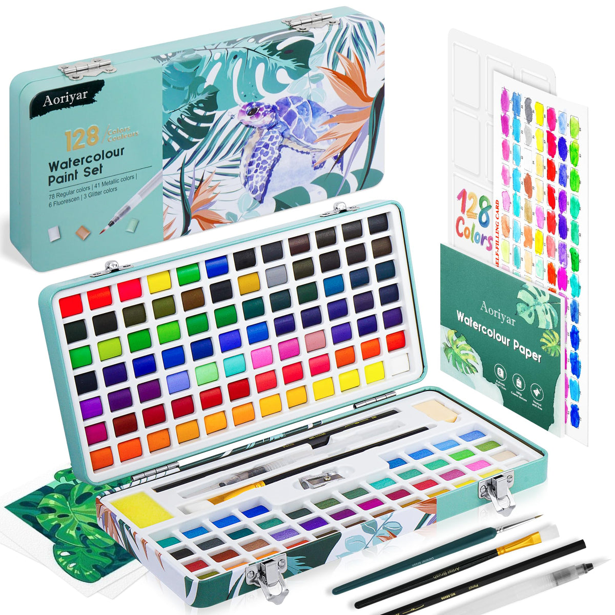 Watercolour Paint Travel Sets with Palette - 128 Art Supplies Water Color Painting Professional Kit for Kids Adults Artists - Portable Metallic