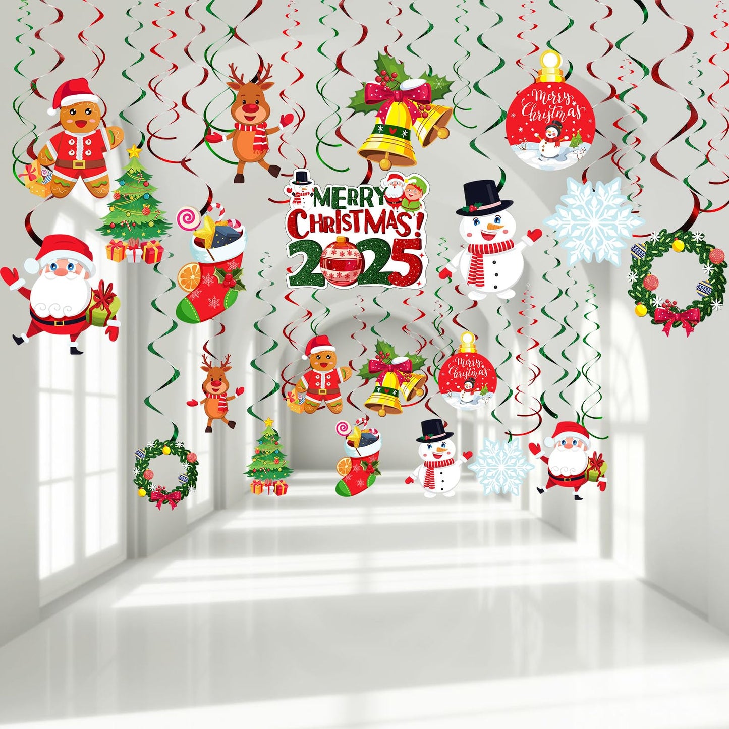 30 Pcs Christmas Swirl Hanging Decorations Garland Xmas Holiday Ceiling Hanging Foil Swirl Decorations for Indoor Outdoor Happy Christmas Holiday