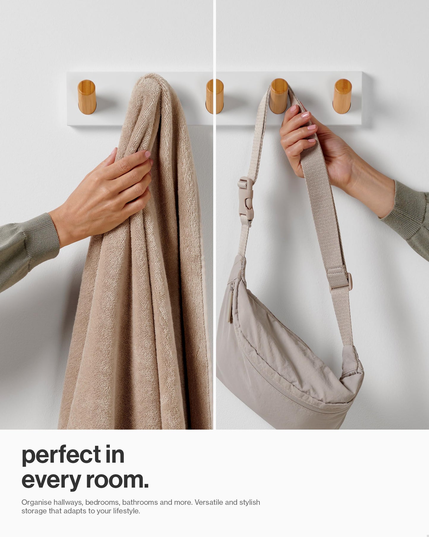 LARHN White Wall-Mounted Coat Rack, 2-Pack - 5 Wooden Coat Hooks, 42cm