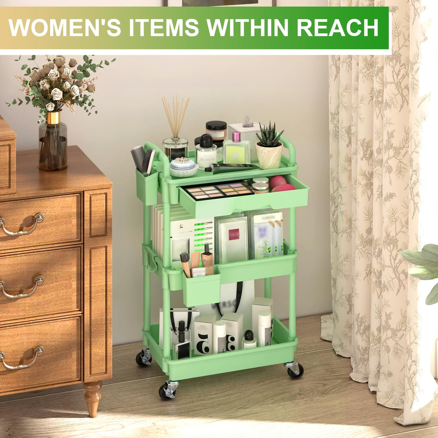 Yeabett 3 Tier Craft Trolley, Storage Trolley On Wheels Utility Cart With Drawer For Kitchen, Bathroom, Office, Living Room, Green