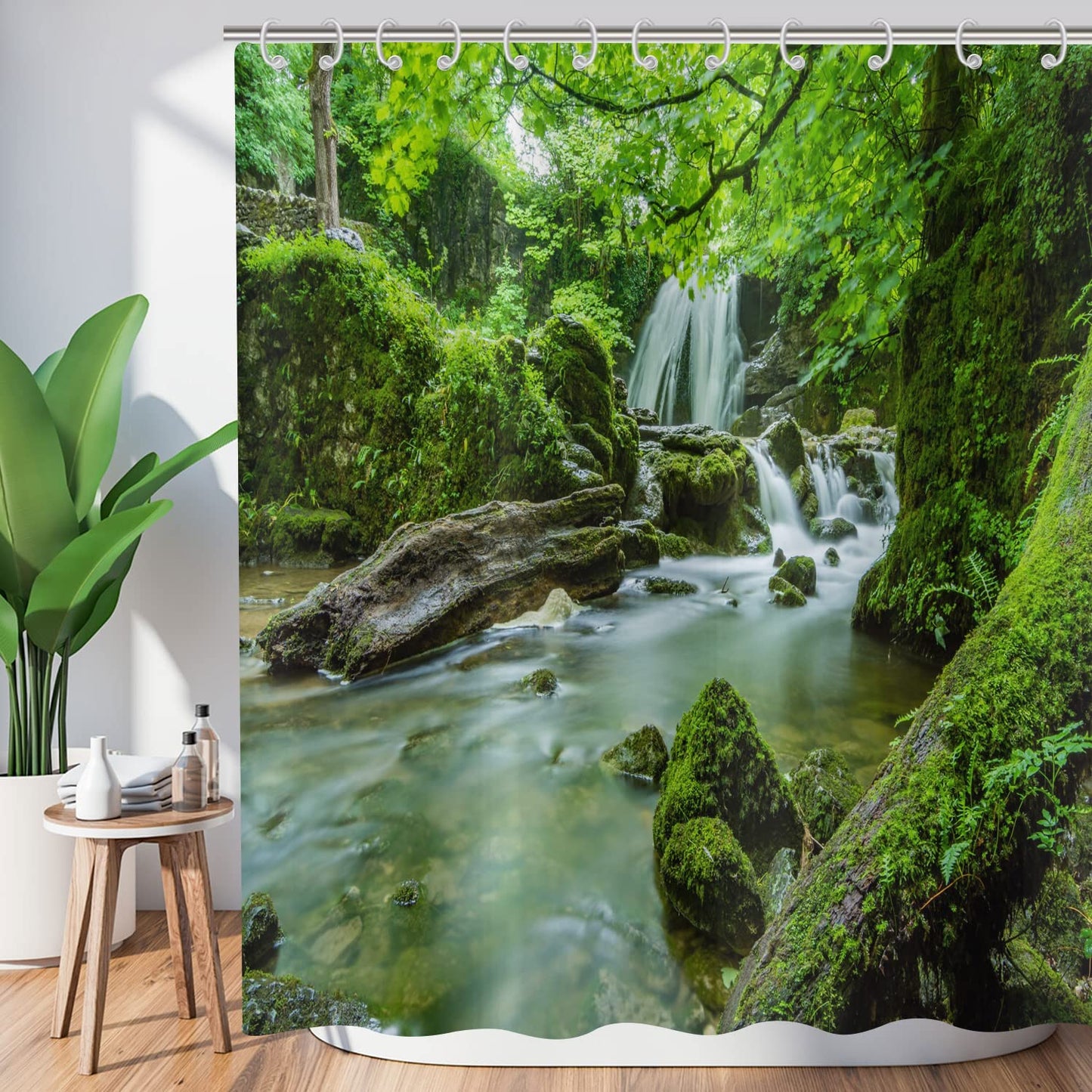 Hnmdmyi Forest Shower Curtain 240x180, Tropical Jungle Rainforest Green Tree Plant Nature Landscape Waterfall Scenery Bathroom Curtains Waterproof