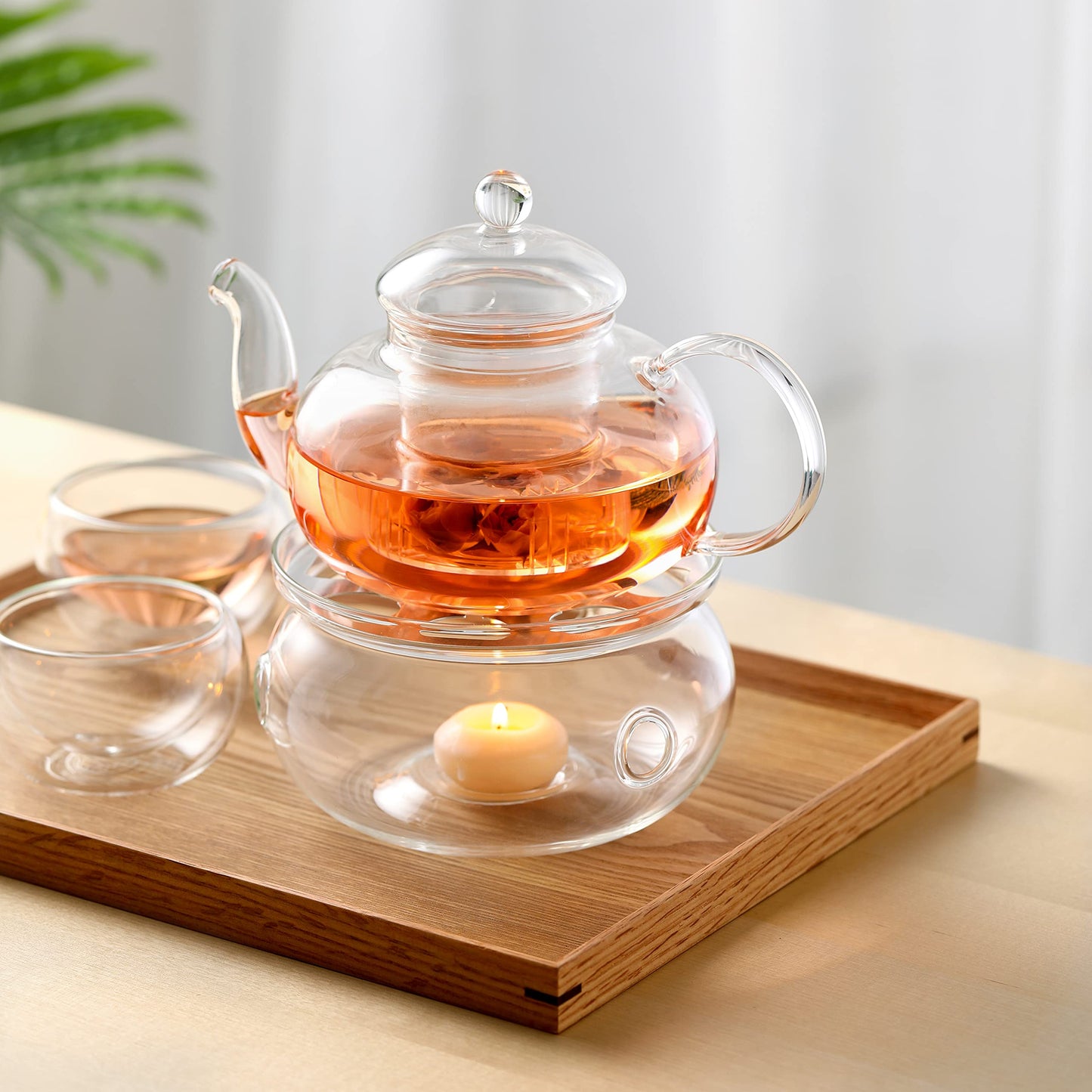 CnGlass 1000ml/33.8oz Glass Teapot with Removable Infuser,Stovetop Safe Tea Kettle with 4-Pack 100ml Teacups and Glass Tea Warmer 5.3in/13.5cm