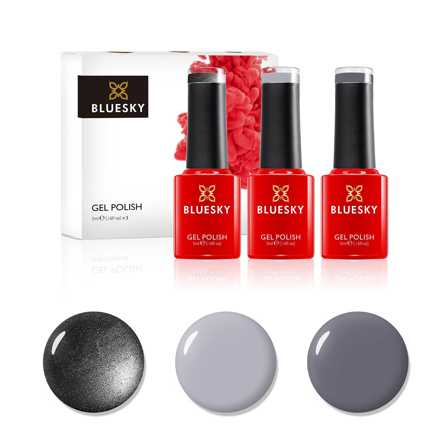 Bluesky Gel Nail Polish Set, Shades Of grey, Mr Grey Dc085, Quiet Dc075, Shiny Asphalt A022, 3 x 5 ml, Silver, Pastel, Nude (Requires Curing Under UV