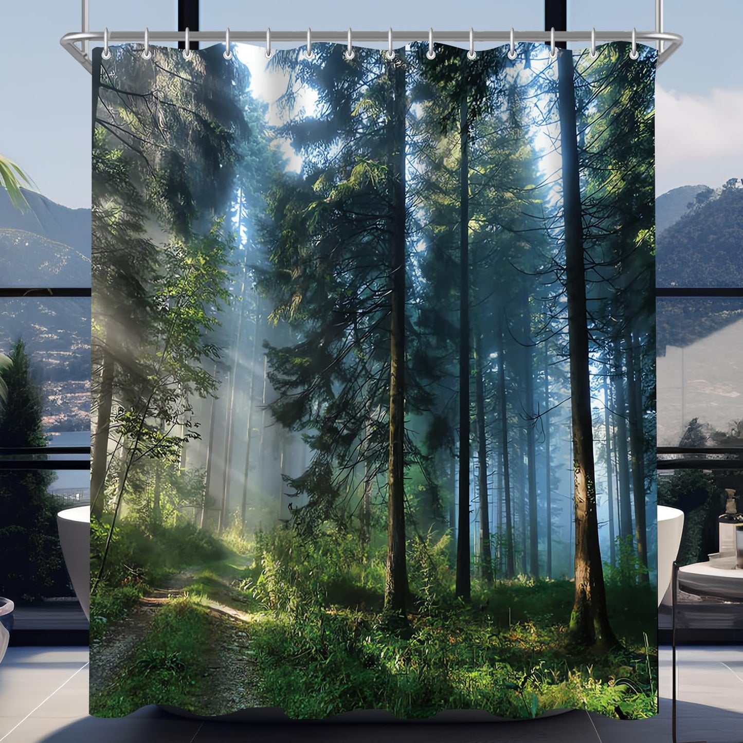 Lerores Shower Curtain, 160 x 160 cm, Forest Jungle, Weighted Hem, Anti-Mould Textile, Water-Repellent, Washable Polyester Bath Curtains with 12