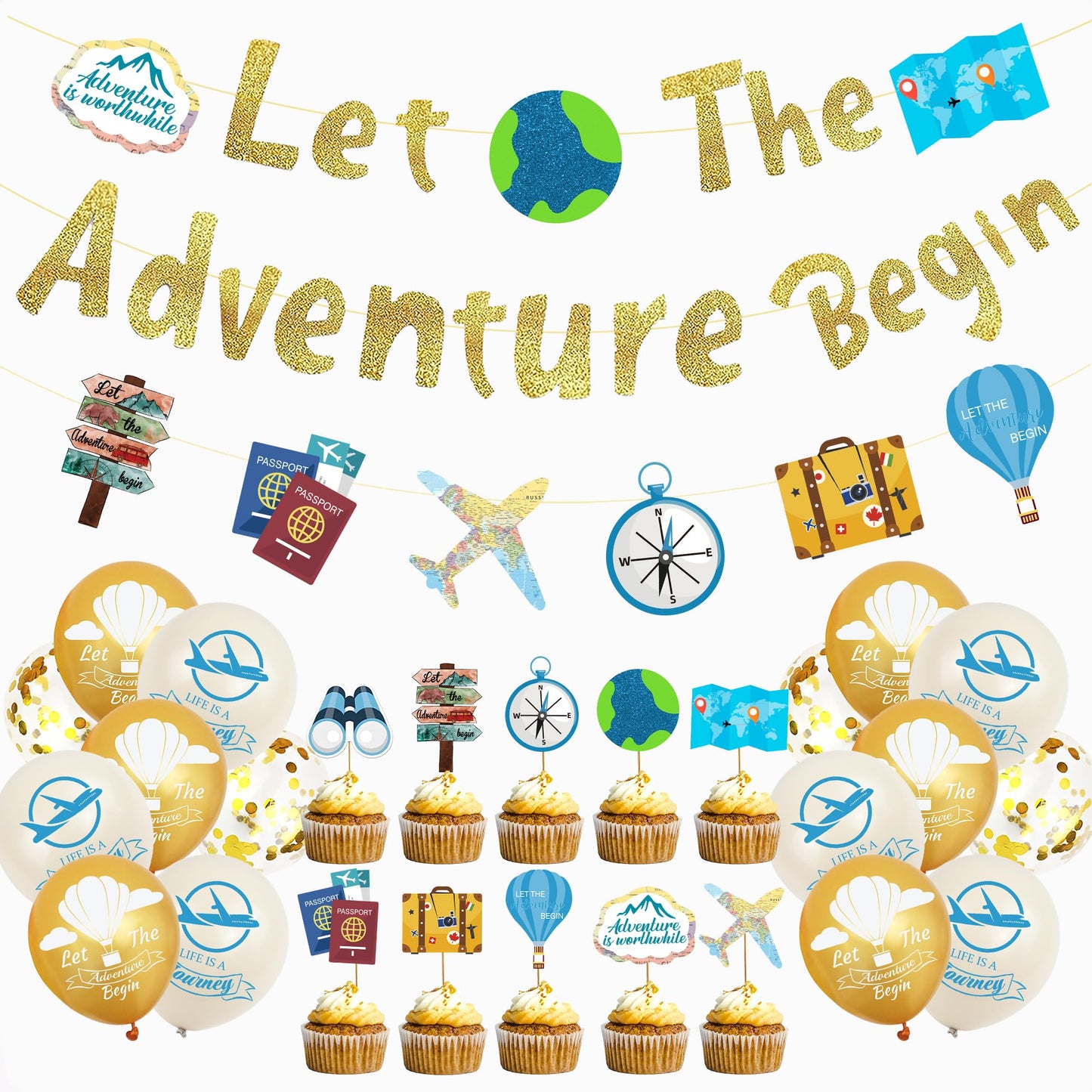Bon Voyage Party Decorations Banner - 27 Pcs Gold Glitter Let The Adventure Begin Banners Luggage Maps Cupcake Toppers For Retirement Graduation