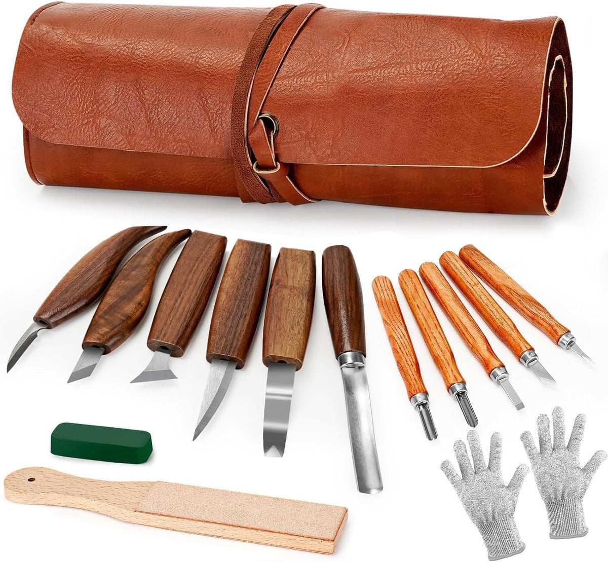 15Pcs Wood Whittling Set with PU Case, Wood Whittling Kit for Beginners, Woodworking Tools Set with Leather Strop and Polishing Compound