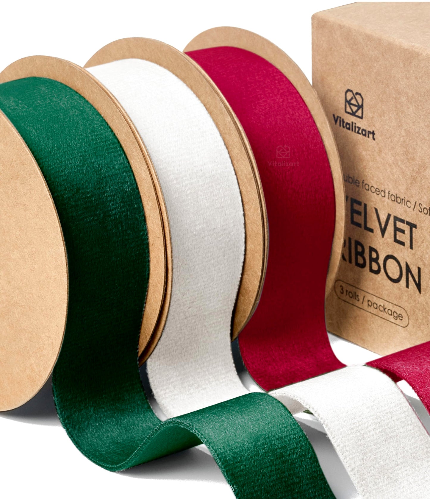 Vitalizart Christmas Velvet Ribbon Set 1 Inch x 15 Yards Burgundy & Cream & Dark Green, Double Faced Velvet Ribbon for Gift Wrapping, Ornaments,