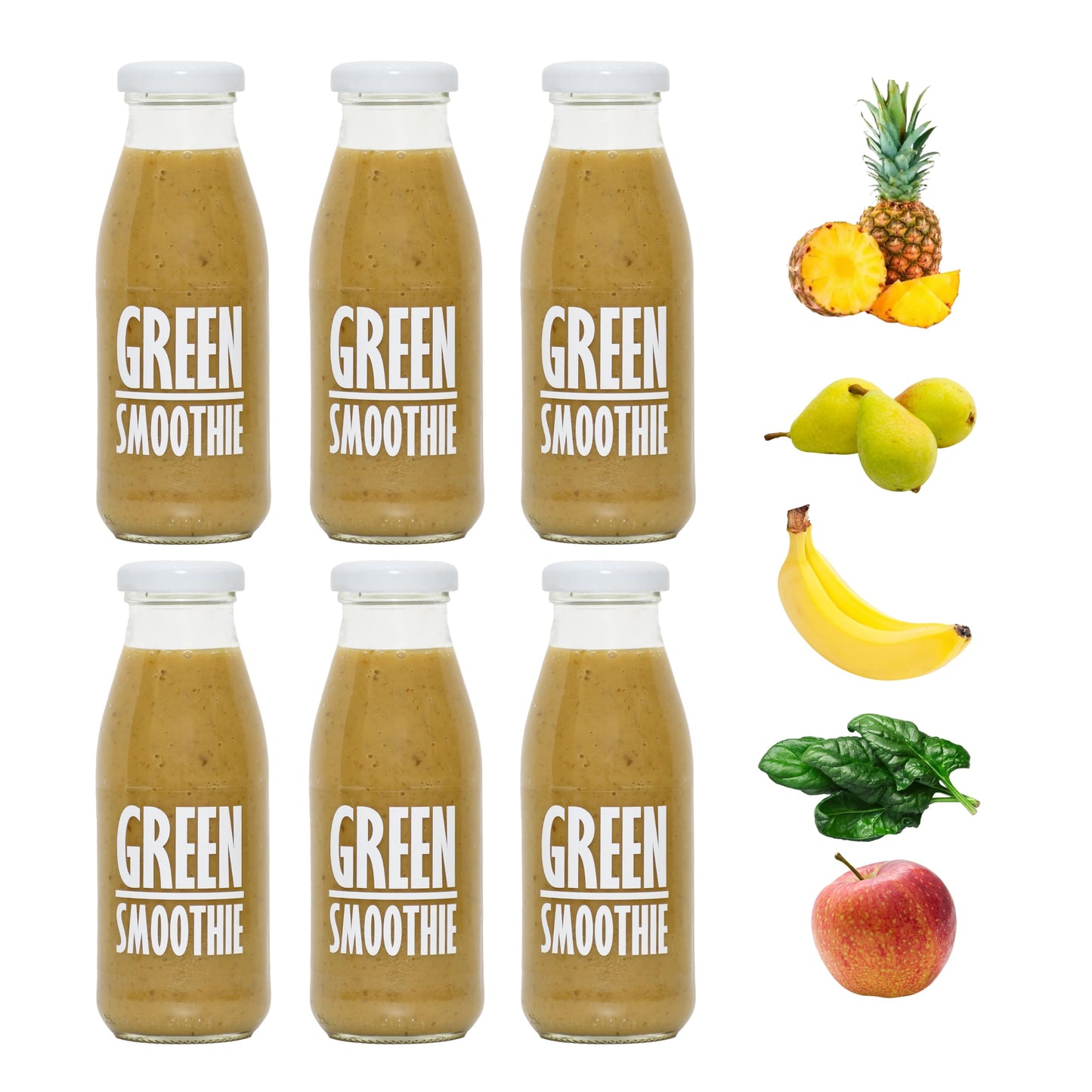 PRESSUICE Green Smoothie 240 ml - 6 bottles pack - Fruit Smoothies Squash Pear Apple Pineapple Kiwi fruit Banana Spinach - No added Sugar - Drink for