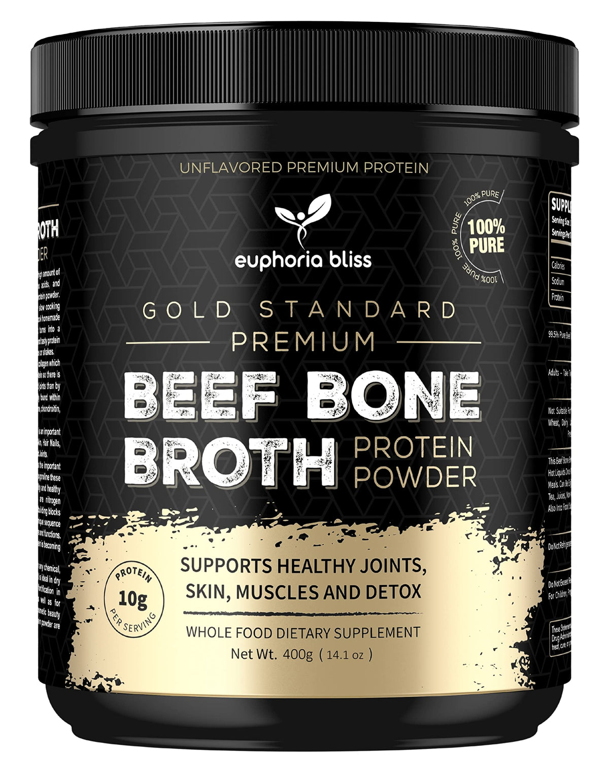 Euphoria Bliss Beef Bone Broth Powder 400g | Sweden Grass Fed | No Hormones or Additives | Unflavoured High Grade Beef Bone Broth | Halal