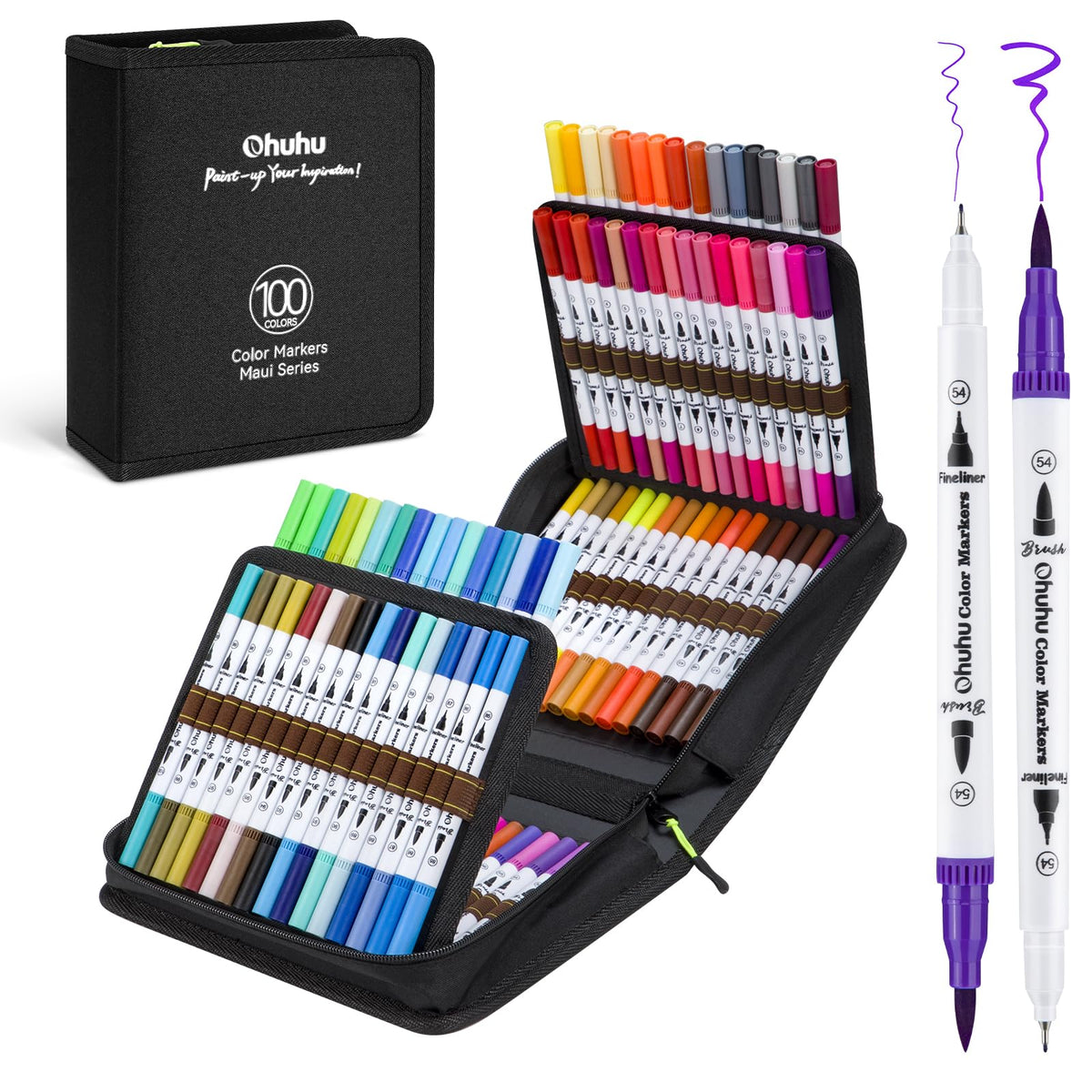 Ohuhu Colouring Pens 100 Colours, Dual Tip Brush Pens Felt Tip Pens, Art Markers with Fineliner for Adults Colouring Book Drawing Calligraphy