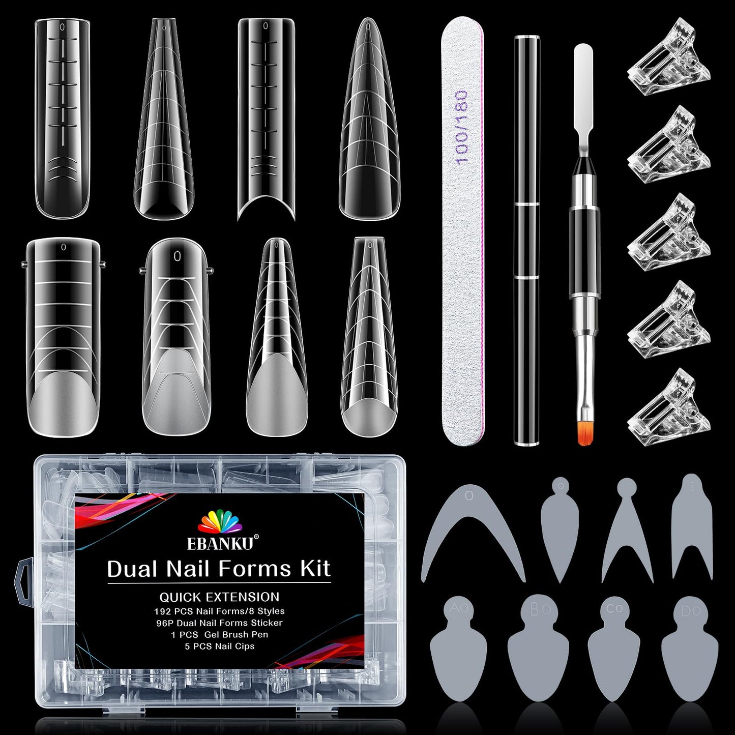 EBANKU 192PCS Clear Dual Nail Forms System - Full Cover Mold Tips, Acrylic Extension With 96PCS Stickers, Clips, Gel Brush, PE File for Art Salon