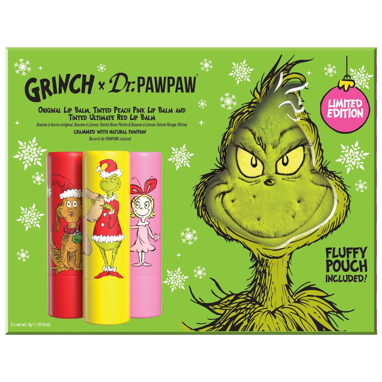 Dr.PAWPAW x The Grinch Original, Peach Pink & Ultimate Red Gift Set (3 x 4g) + Pouch, Hydrating & Tinted Lip Balm Trio, Nourishing PAWPAW-Infused