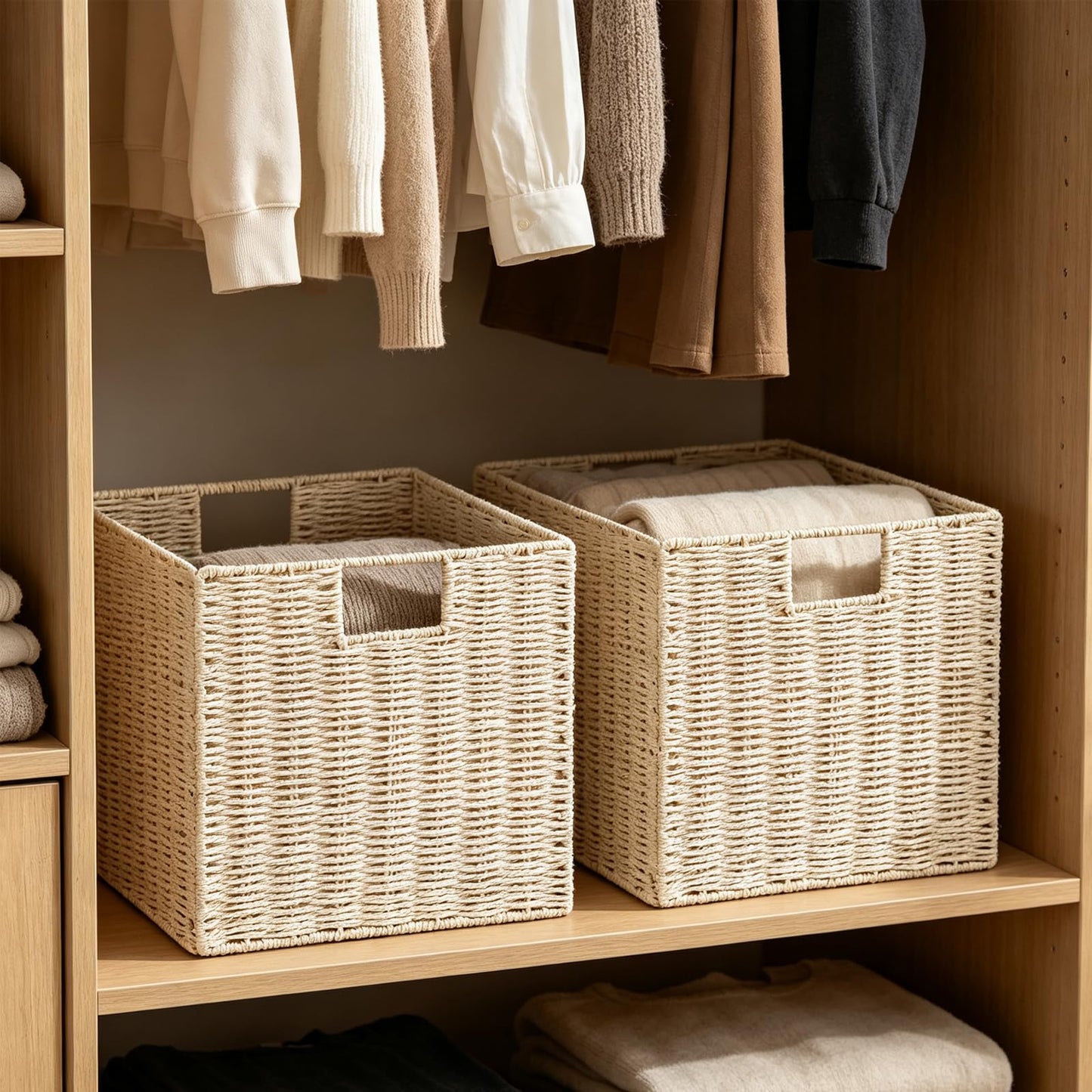 Vagusicc Wicker Storage Baskets, Set of 2 Hand-Woven Paper Rope Foldable Cube Bins Organizer, 11 Inch Square for Shelves Pantry Organizing Decor