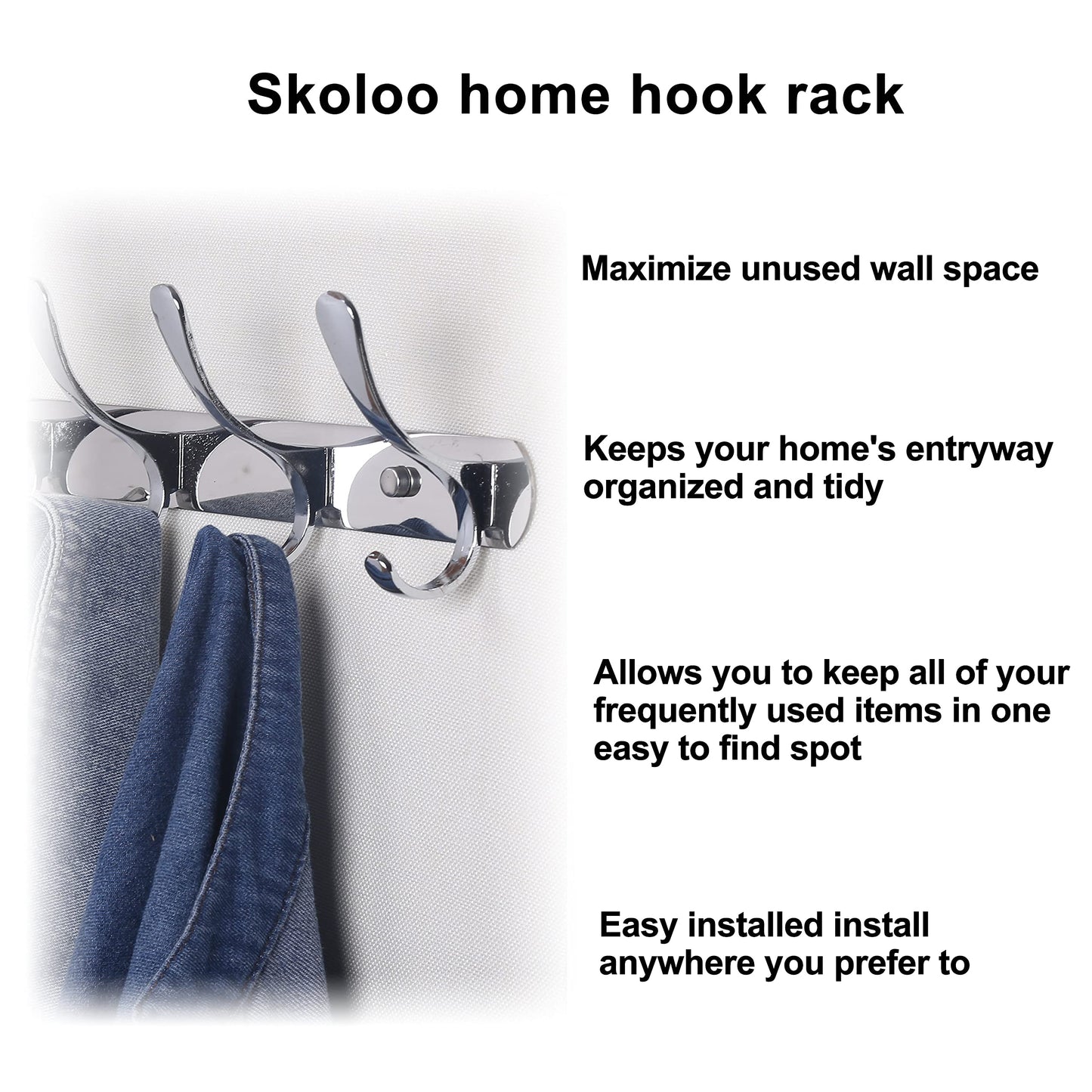 SKOLOO - Wall Mounted Coat Rack with 5 Hooks, Metal Wall Mounted Coat Hanger for Coat Jacket Backpack Coat Silver Hooks Perfect for Entryway, Kitchen