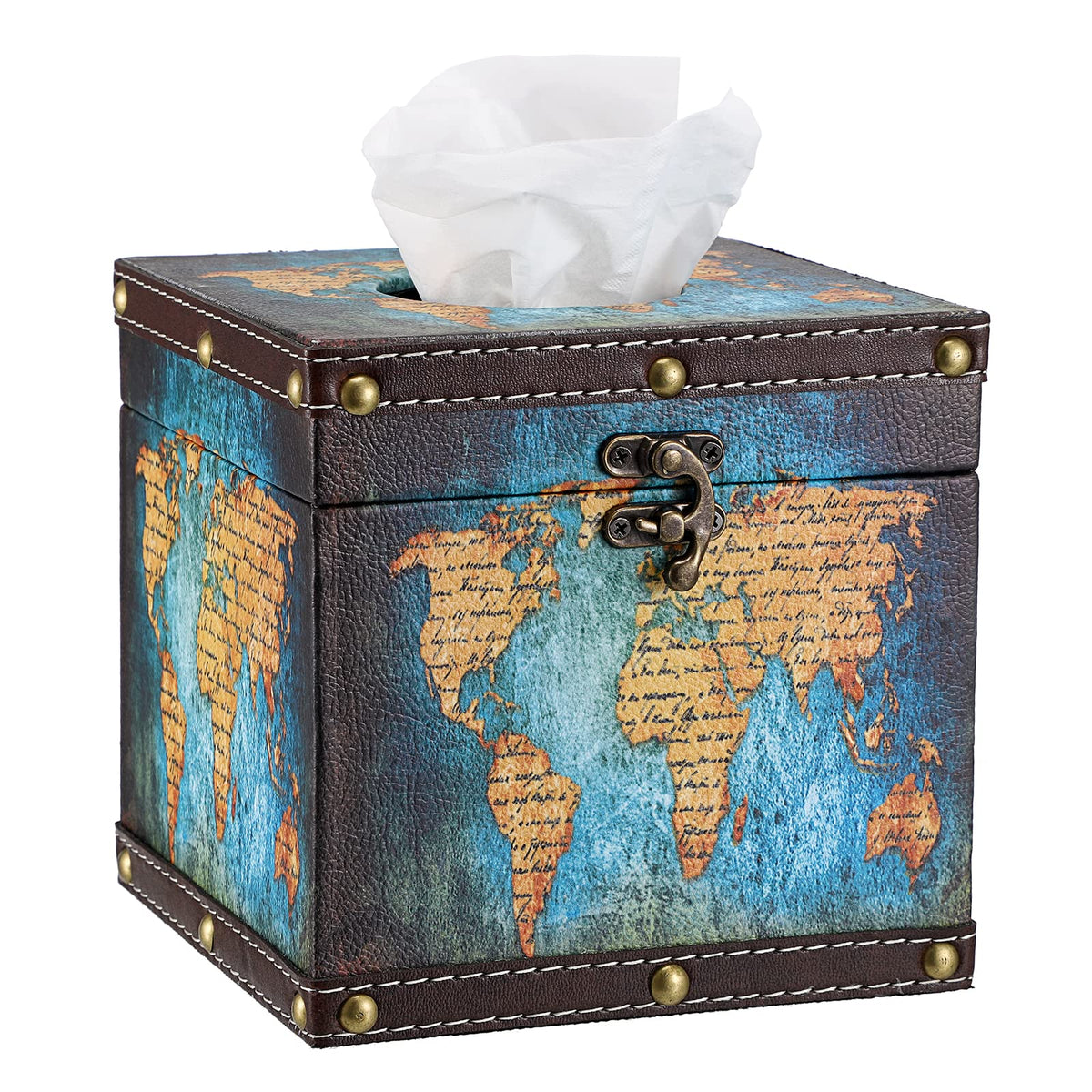 BTSKY Wooden + PU Retro Household Office Cube Square Tissue Holder Box Cover Napkin Holder, Elegant and Stylish Home Decoration (Blue Map)