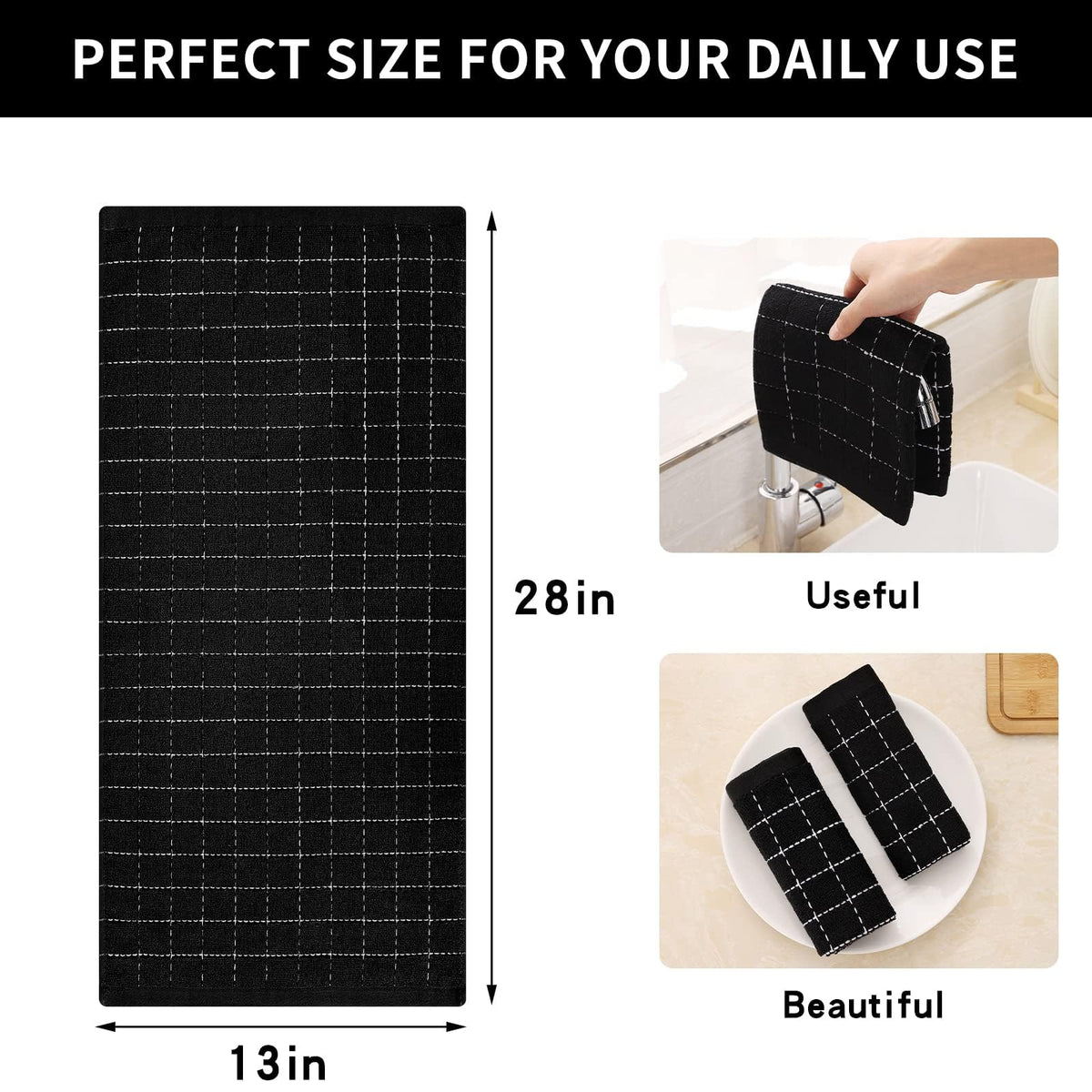 Homaxy 100% Cotton Terry Kitchen Towels(Black, 13 x 28 inches), Checkered Designed, Soft and Super Absorbent Dish Towels, 6 Pack