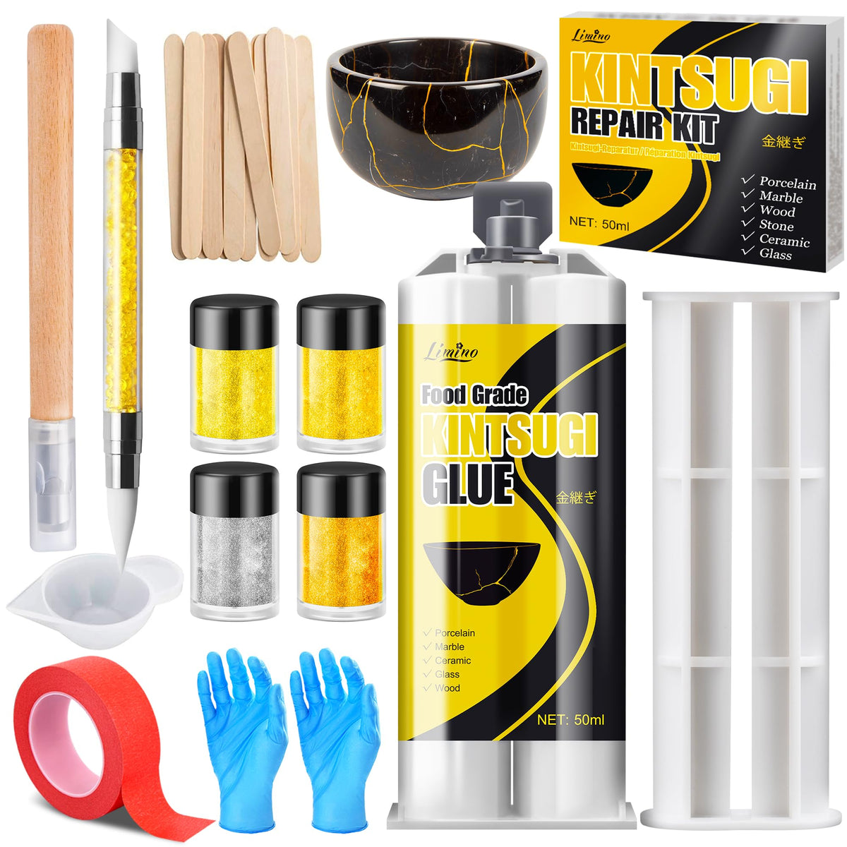 Kintsugi Repair Kit - Gold ? Silver Food Safe Glue for Pottery and Porcelain Repair, Ceramic Repair Resin for Bowls, Plates, Vases, Jades, Newbie