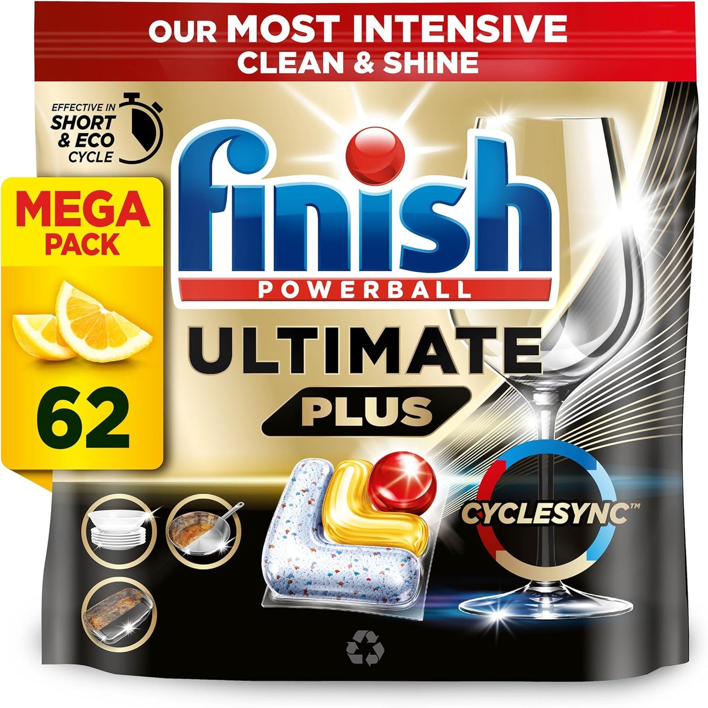 Finish Dishwasher Tablet, Ultimate Plus, 62 Detergent Tablets, Lemon Sparkle. New but scruffy bag