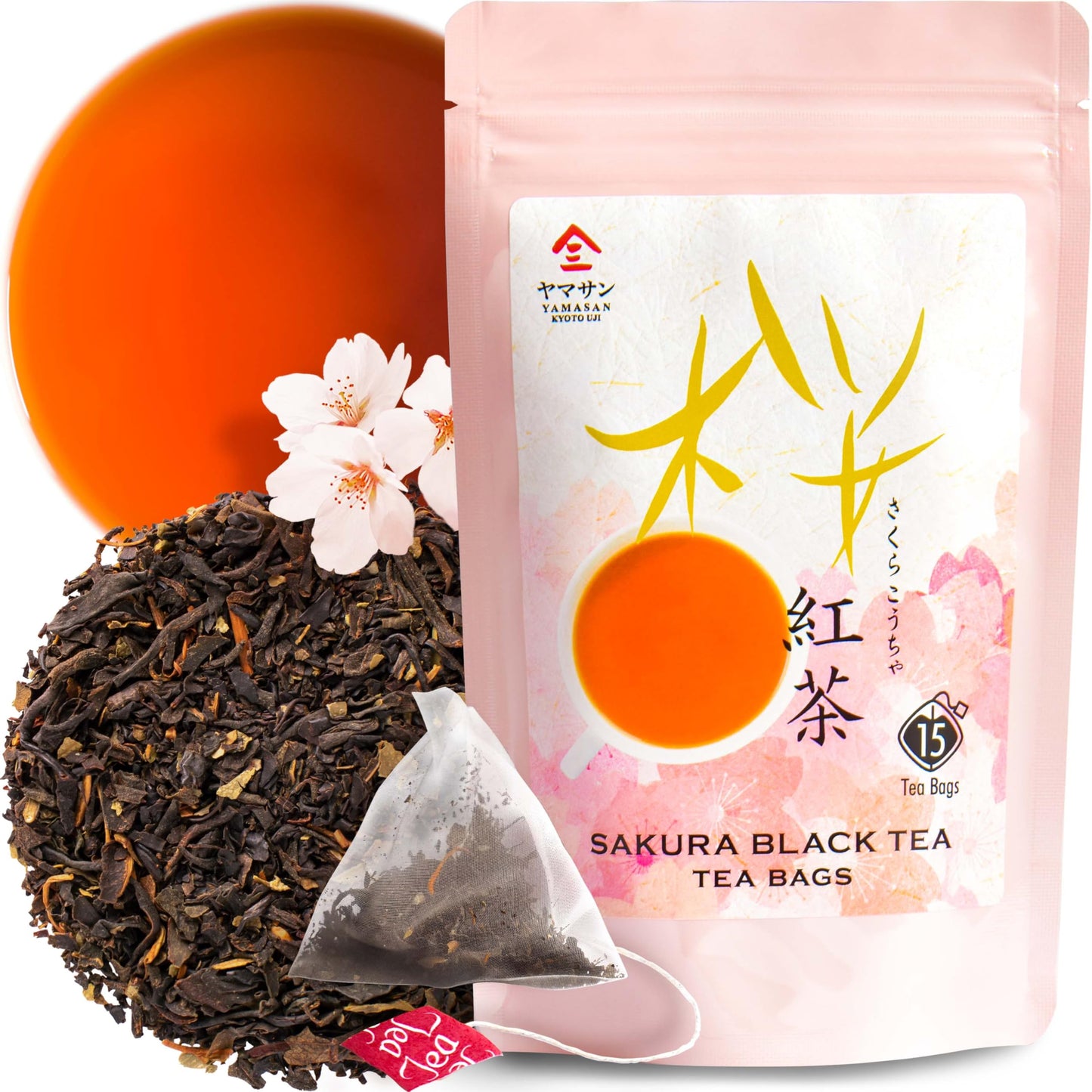 YAMASAN KYOTO UJI Sakura Black Tea Tea Bags (3gx15bags) - Blending Benifuki and Japanese Sakura Cherry Blossom Leaves, Floral and Refreshing Wakocha