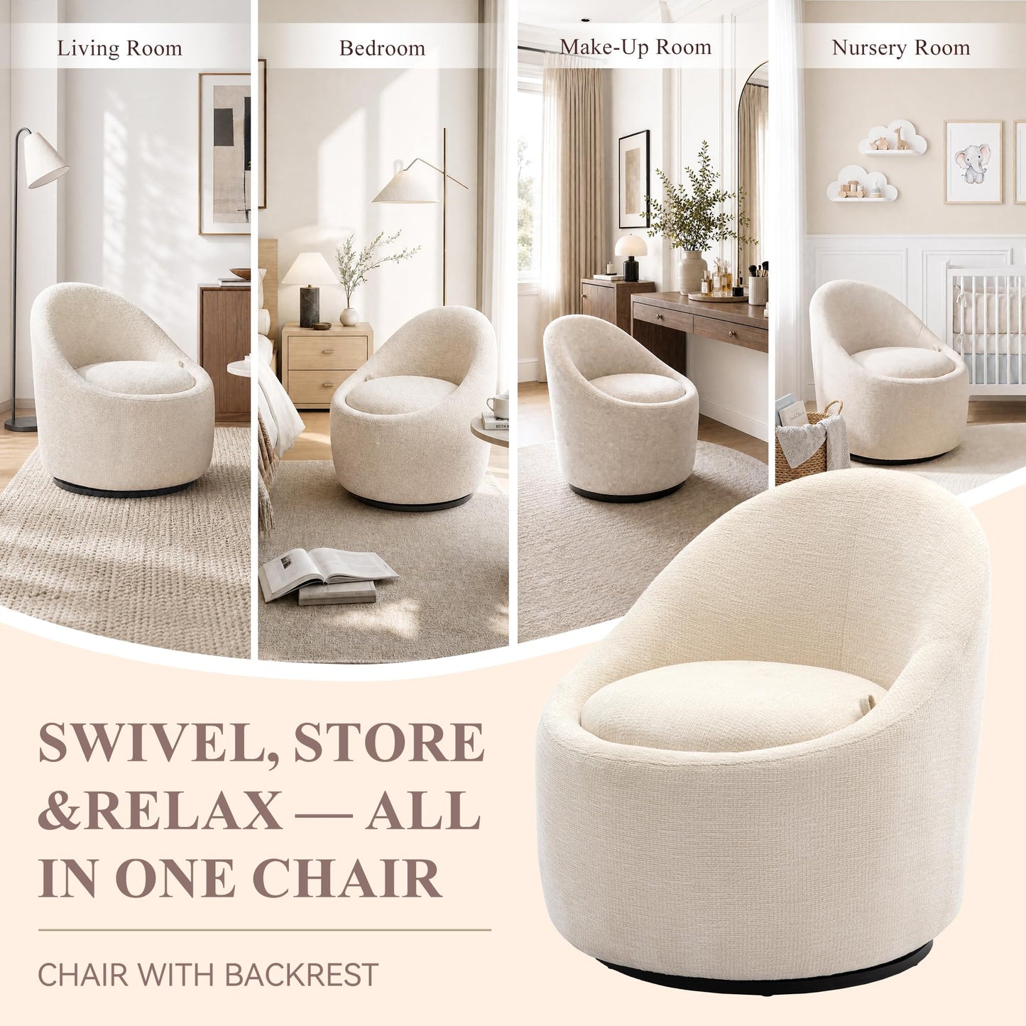 Barrel Swivel Accent Chair with Hidden Storage, 360° Rotating Lounge Chair, Upholstered Breathable Fabric, High Density Foam Seat