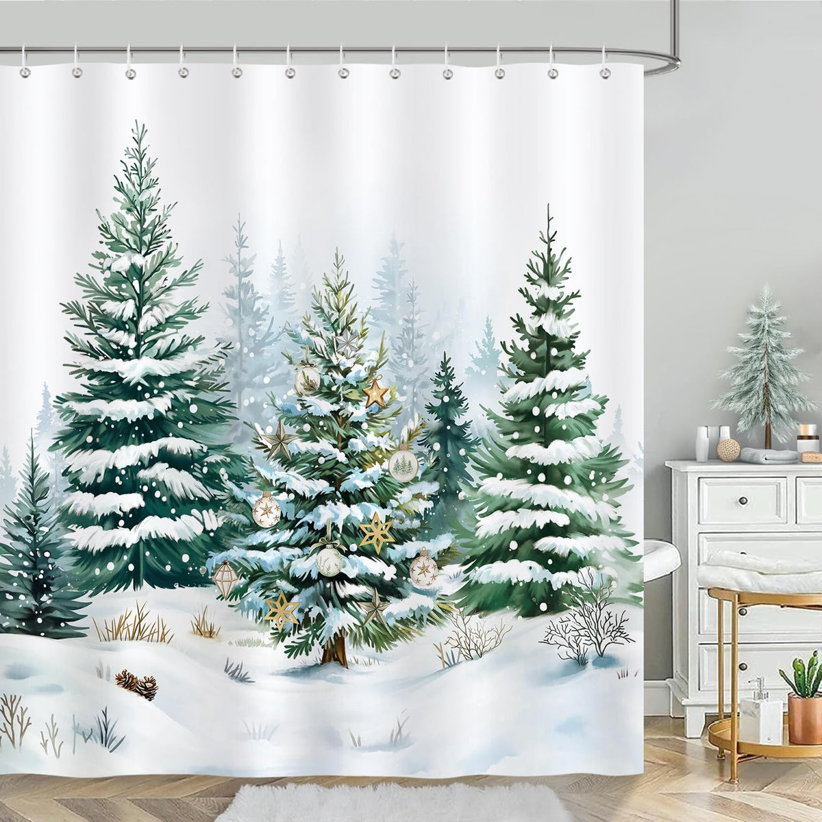 Bonhause Winter Pine Tree Shower Curtain, Christmas Tree Forest Snowy Xmas Bathroom Curtain 180 x 180 cm Waterproof Mildew and Mould Resistant