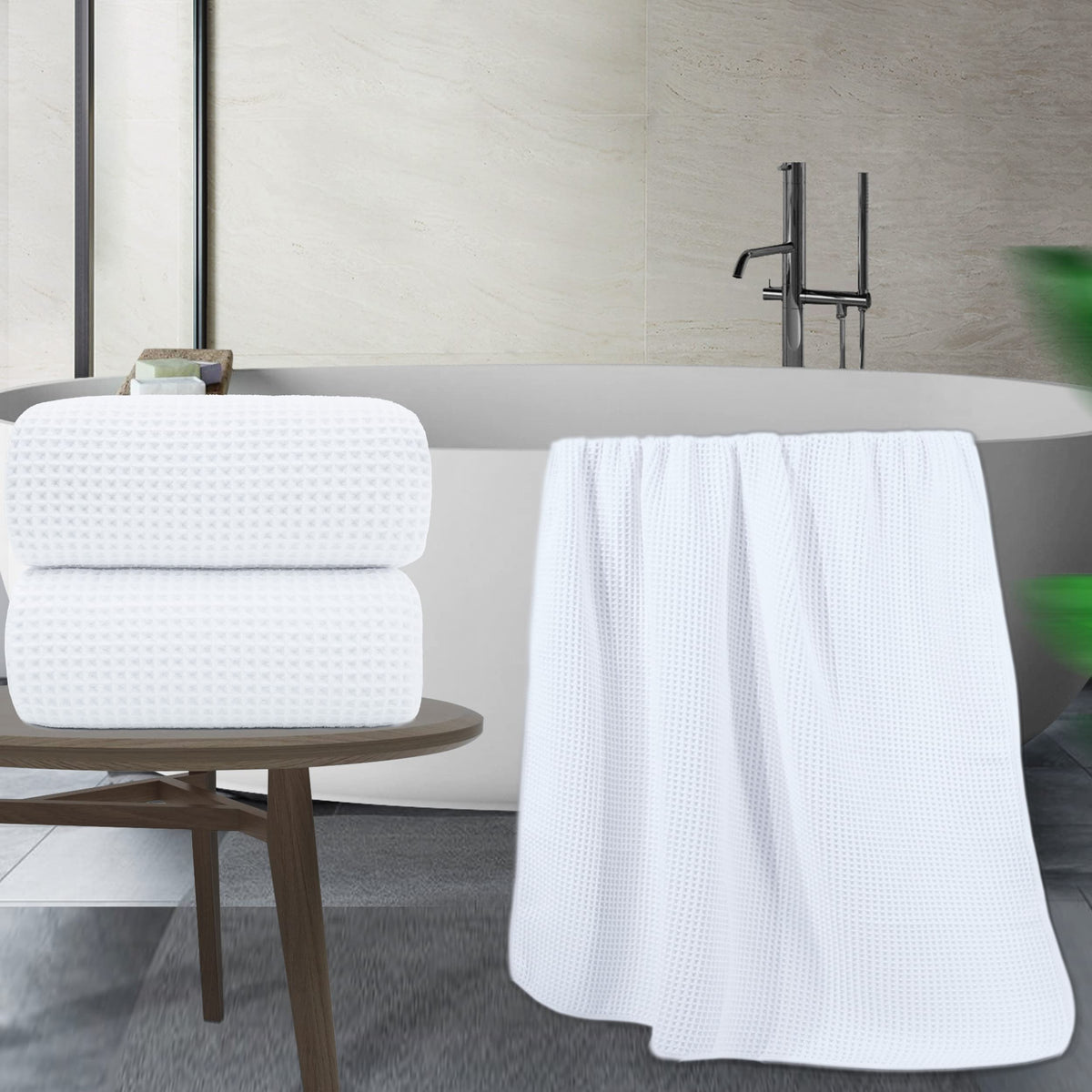 POLYTE Microfibre Quick Dry Lint Free Bath Sheet, 89 x 178 cm, Set of 2 (White, Waffle Weave)